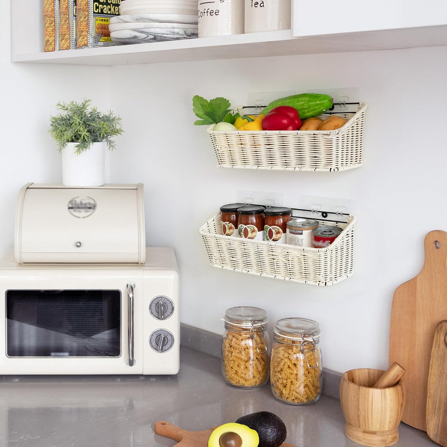 GRANNY SAYS Wicker Hanging Basket, 2 Pack Storage Baskets for Organizing, Adhesive Wall Mount Fruit Basket, Kitchen Organization Hanging Shelves, Storage Cabinet Door Organizer, Off White