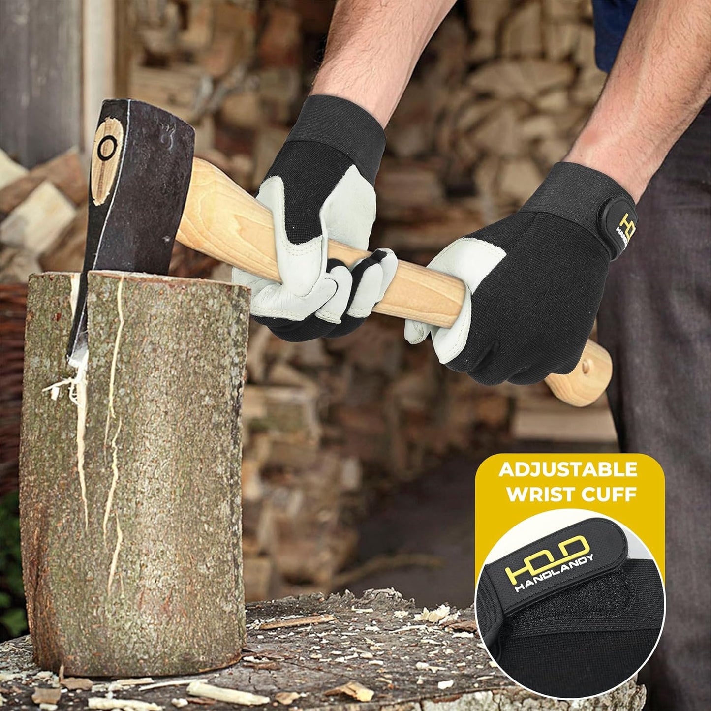 HLDD HANDLANDY Leather Work Gloves for Men & Women, Adjustable Wrist Cowhide Gardening Glove with Reinforced Palm for Driver