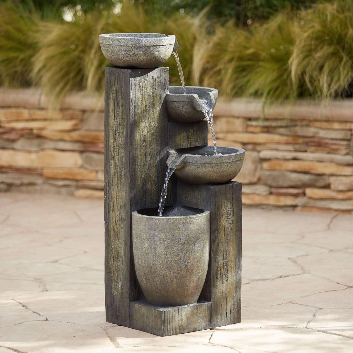 Four Tier 40 1/2" High Large Rustic Indoor Outdoor Decor Faux Stone Floor Fountain with Light LED Waterfall Cascading Standing Water Feature for Outside Garden Patio Yard Backyard - John Timberland