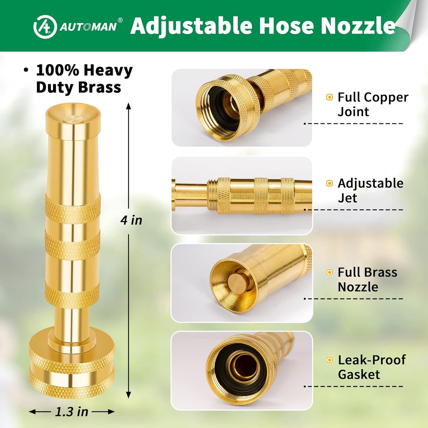 AUTOMAN Brass Hose Nozzle – High Pressure Jet Nozzles 2 Pack, Heavy Duty Sprayer for Garden Hoses, Adjustable Spray Gun, Solid Twist Water Hose Nozzle for Patio, Lawn, Car Wash, Extra 6 Rubber Washers