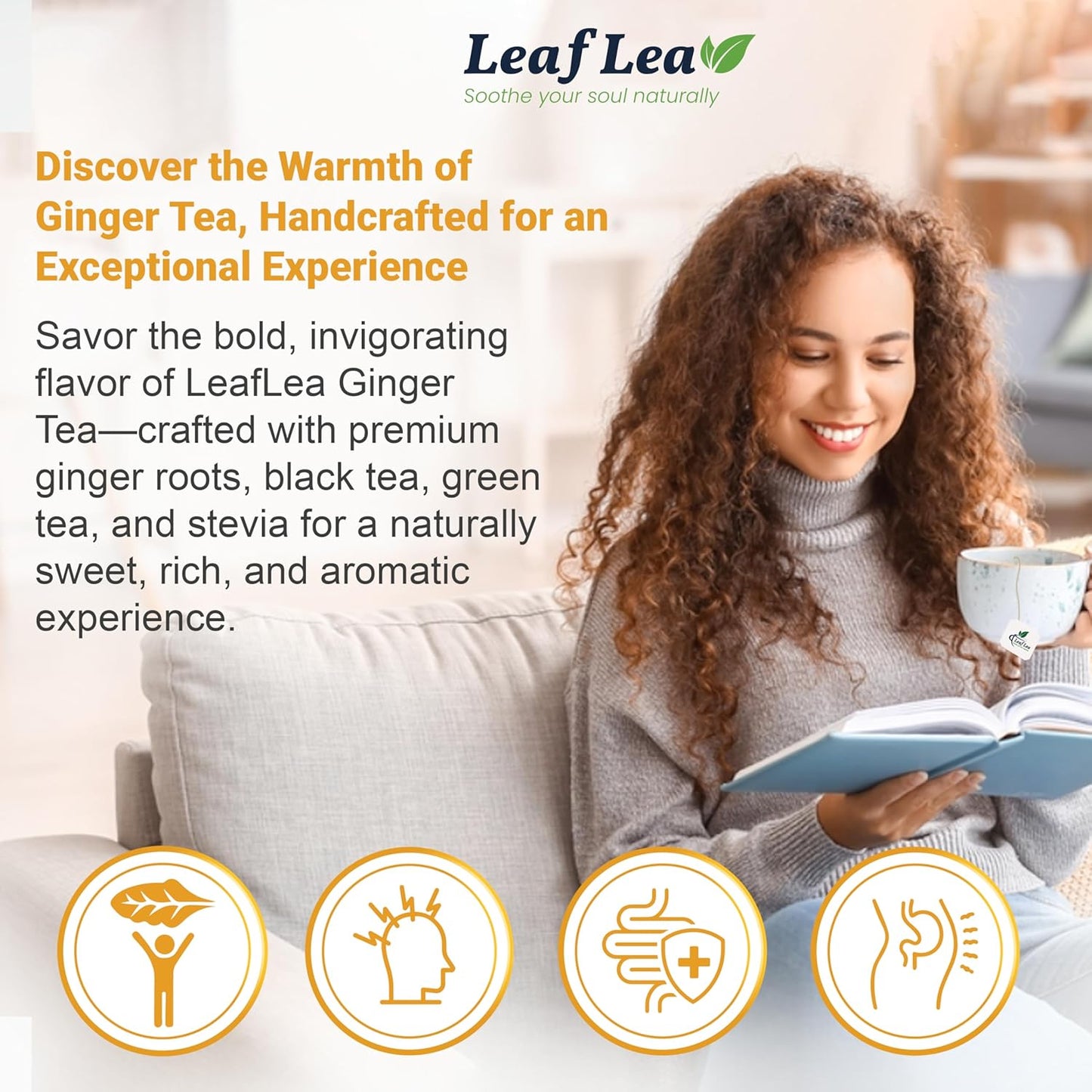 LeafLea Ginger Green Tea, 120 Tea Bags, Premium Green Tea Blend with Pure Ginger Root, Supports Digestive Wellness, Natural Flavor, Low Caffeine, Sugar-Free