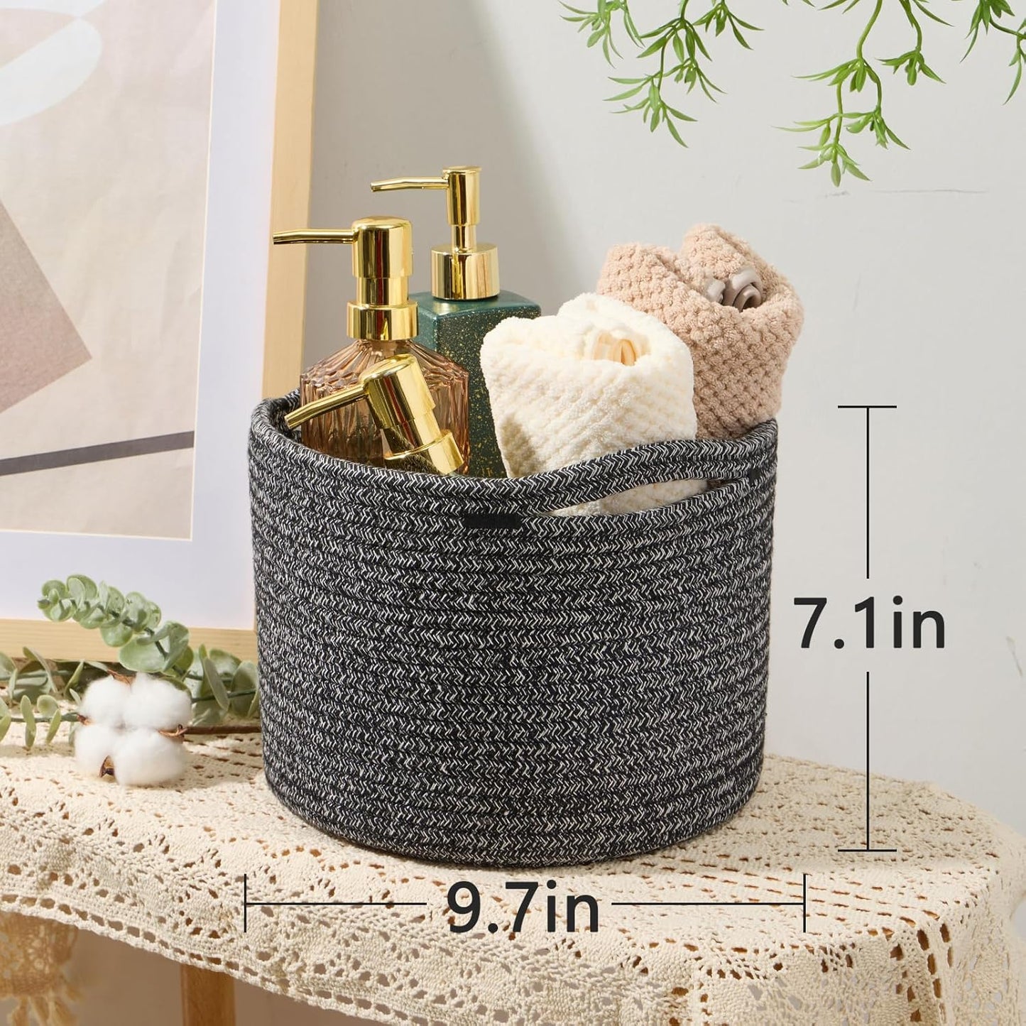 Small Basket for Organizing | Cube Shelf Closet Storage Baskets | 9.7×9.7×7.1” | Woven Rope Gift Basket | Nursery | Round 3 Packs Dark Gray
