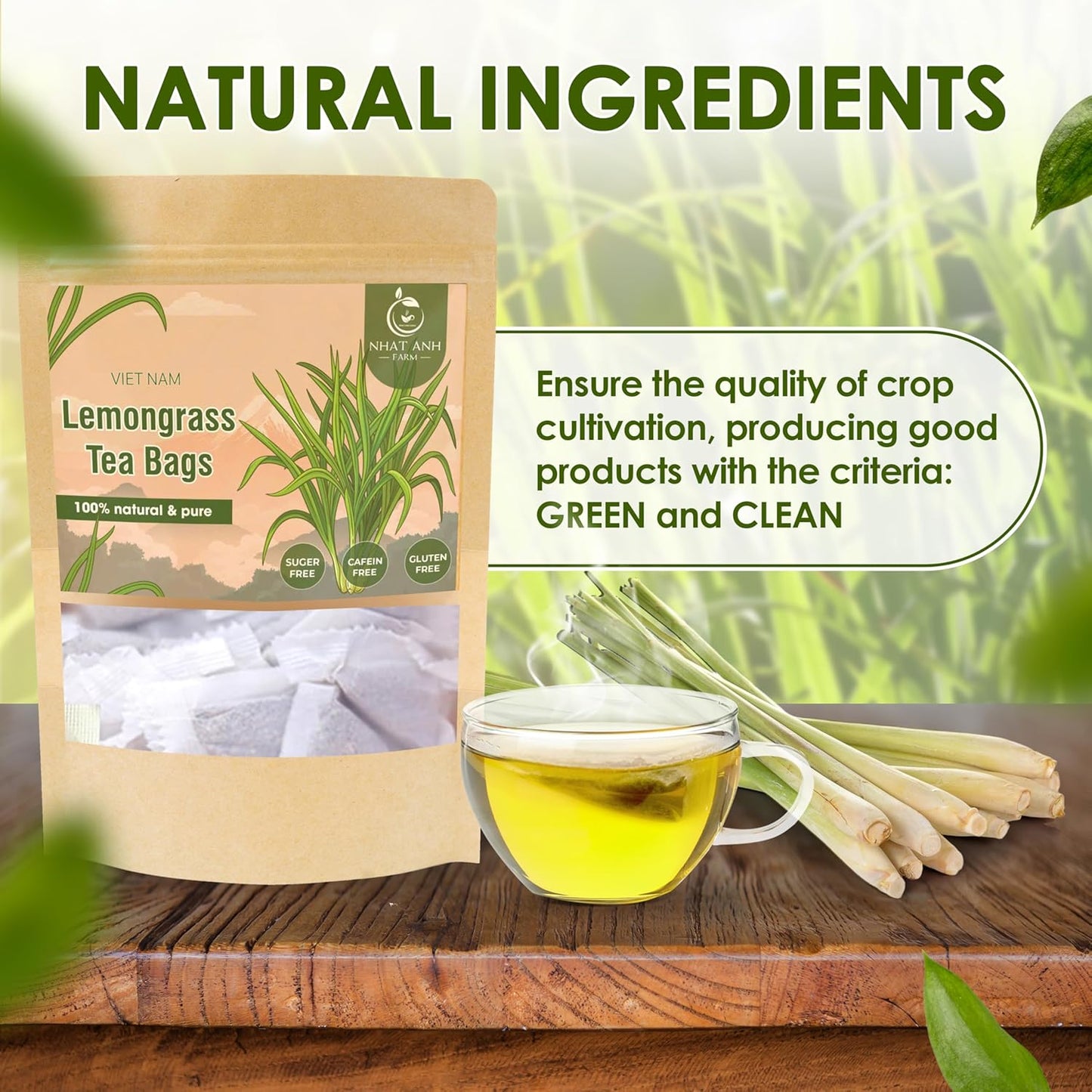 NHAT ANH FARM - Premium Lemongrass Tea Bags, 40 Lemongrass Tea Bags, 100% Natural Dried Lemongrass, Naturally Sweet Herbal Tea, Sugar-Free, Caffeine-Free, No Additives