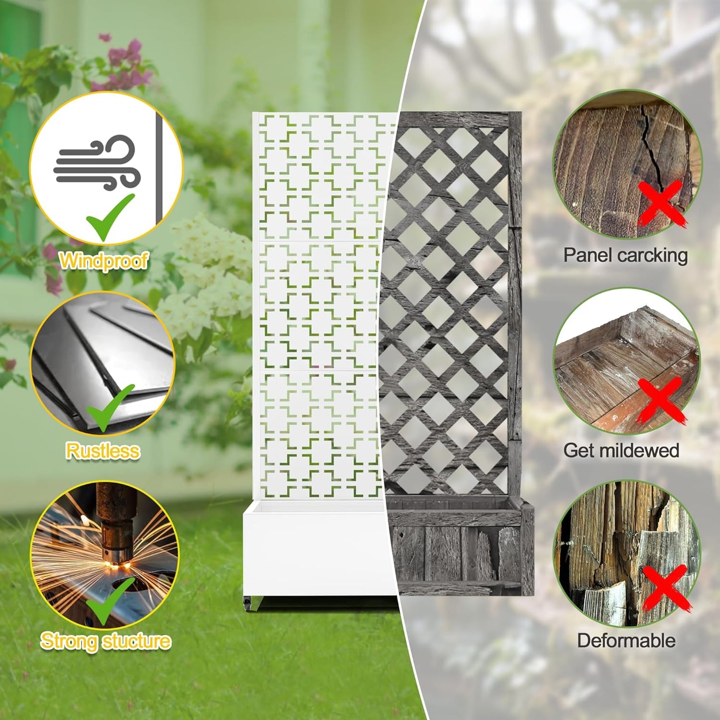 FENCY Metal Raised Garden Bed with Wheels and Trellis,73"x35"x16" Planter Box for Climbing Plants, Vegetables & Vines, Features Privacy Screen and Drainage Holes (White-Square)