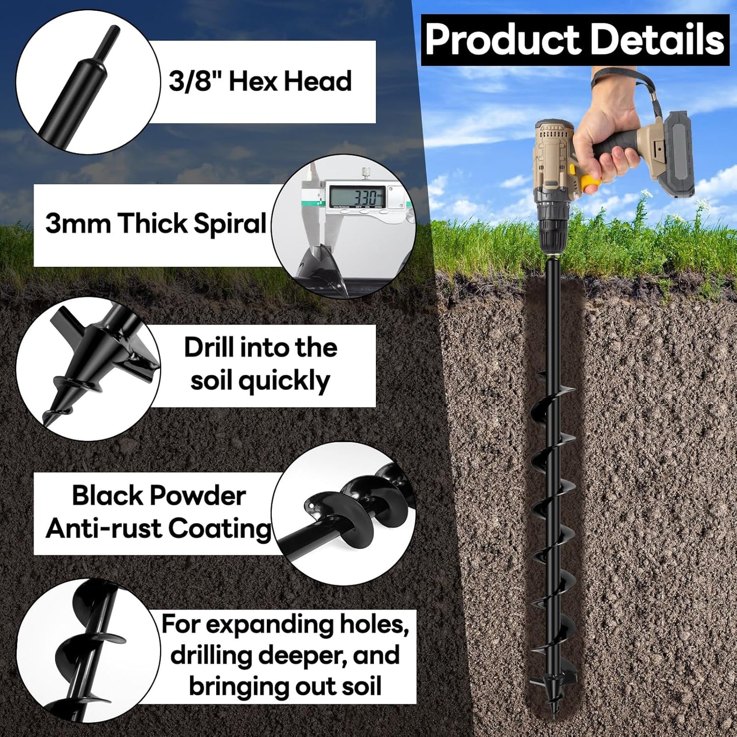 Upgraded Auger Drill Bit for Planting, 3''x32'' Drill Auger for Digging Holes, Heavy Duty Post Hole Digger for Garden Planting, Bulbs Fences Umbrella Holes, Fit 3/8" Hex Drive Drill