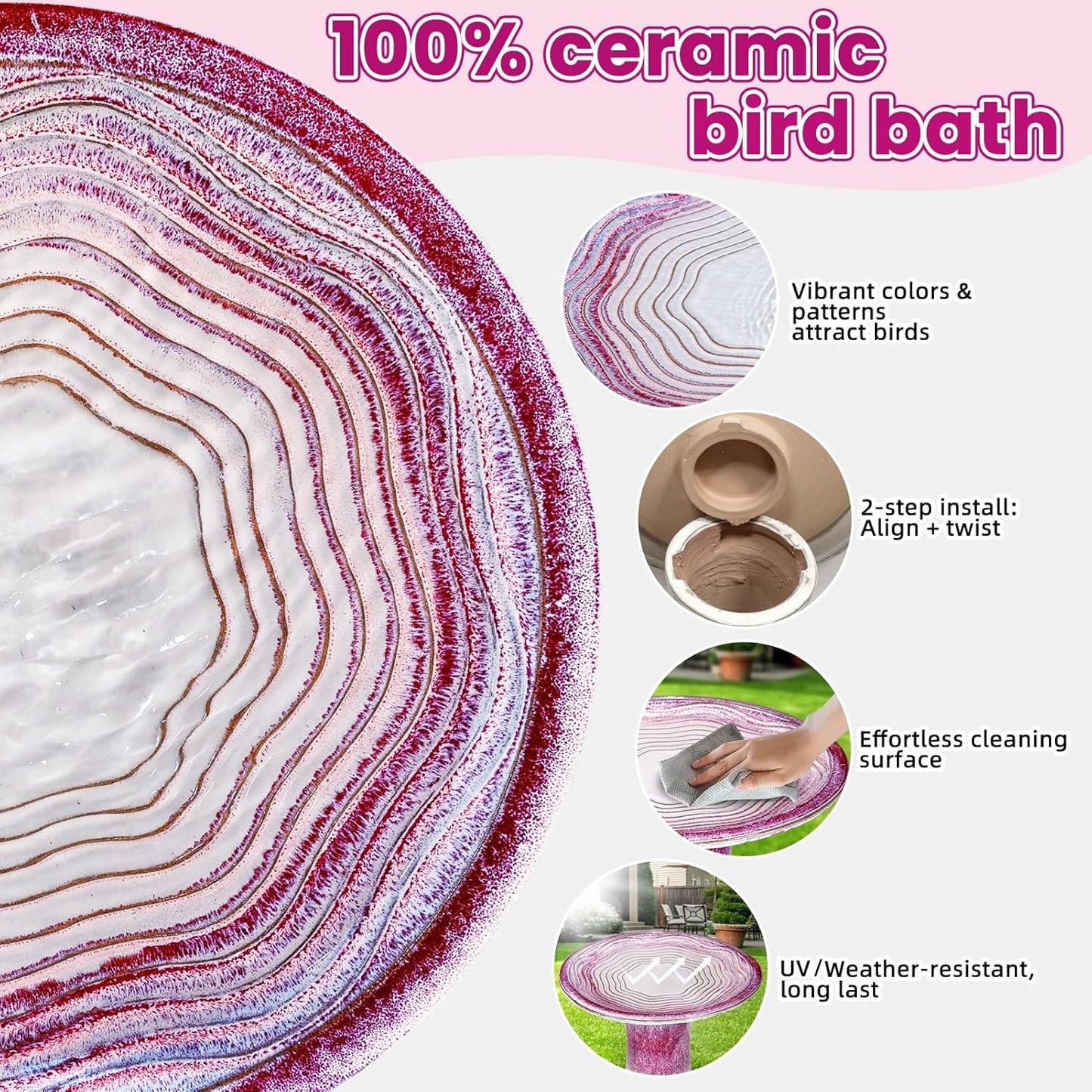 Ceramic Bird Bath for Outdoors – 18" H Birdbath Tool-Free Assembly, Hand-Glazed Earthenware with Non-Slip Bowl, Weather-Proof Sturdy Pedestal Design, Garden Decor(Red)