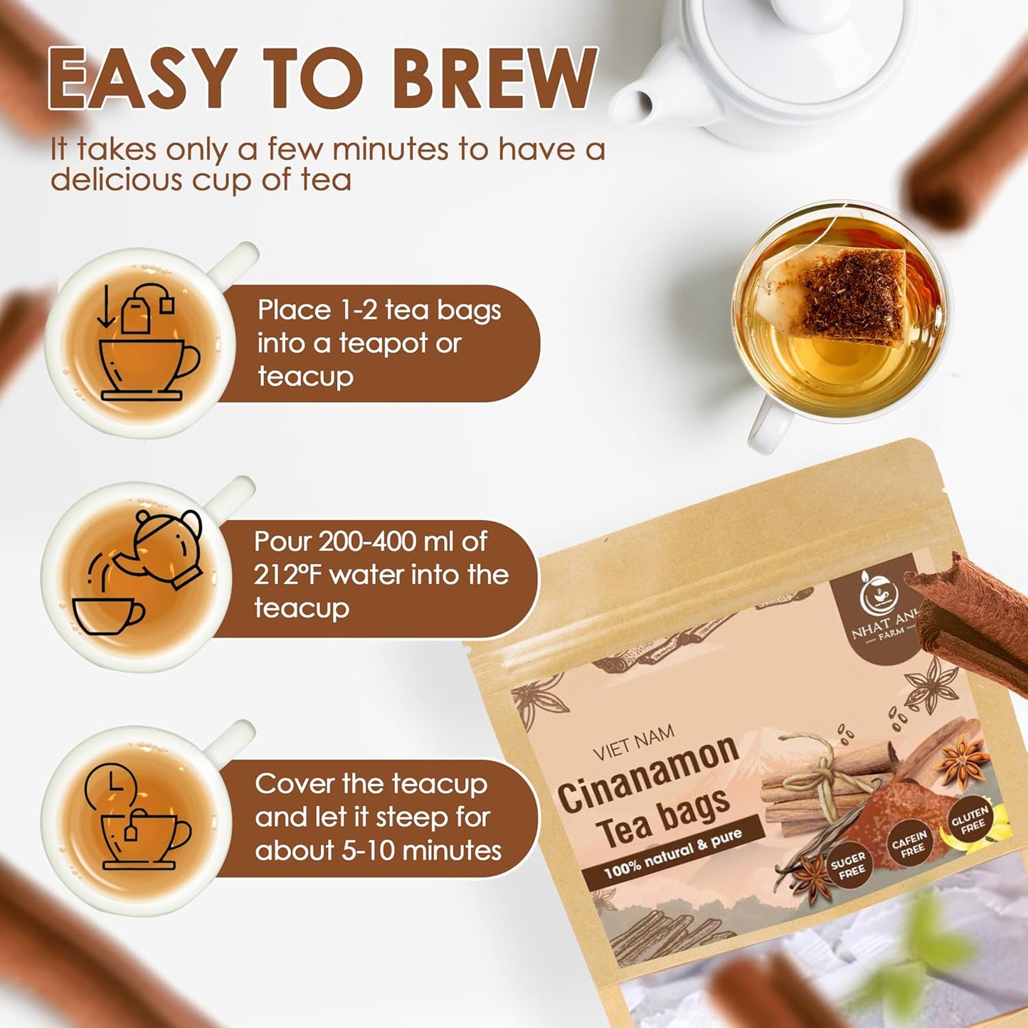 NHAT ANH FARM - Premium Cinnamon Tea Bags, 40 Teabags, 2g/bag, 100% Natural, Hand-Selected Cinnamon Tea Bags, No Additives, Sugar-Free,Caffeine-Free. Good For Your Health.