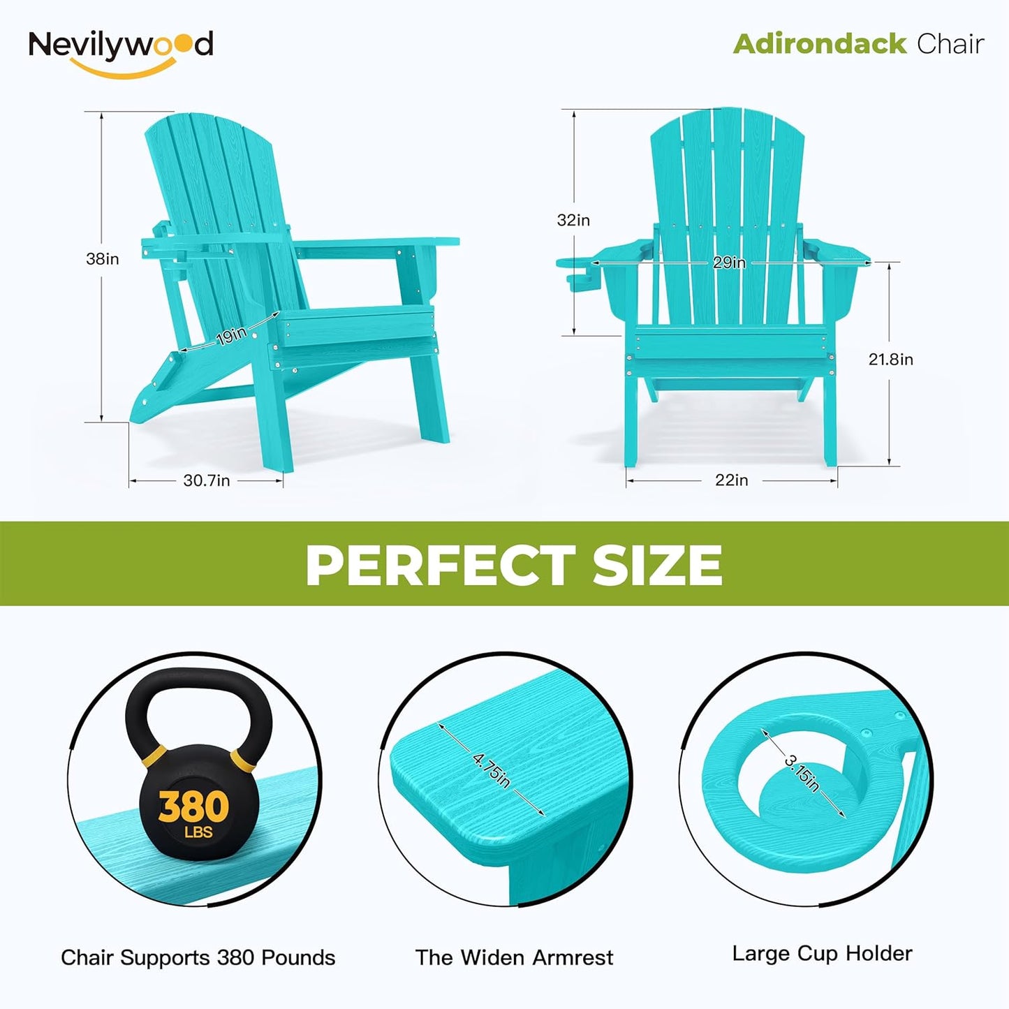Folding Adirondack Chair - Extended Ergonomic Backrest, Cup Holder - Easy Assembly - Durable HDPE Plastic, Weather Resistant & Maintenance-Free - Lawn, Patio, Deck Supports 380lbs Aruba