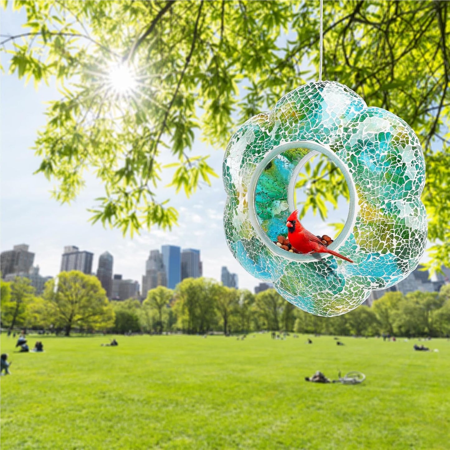 Yinns 9 Inch Large Mosaic Bird Feeders for Outside Hanging Fly Through Bird Feeder with Flower Shape Glass Birdfeeder for Garden Decor