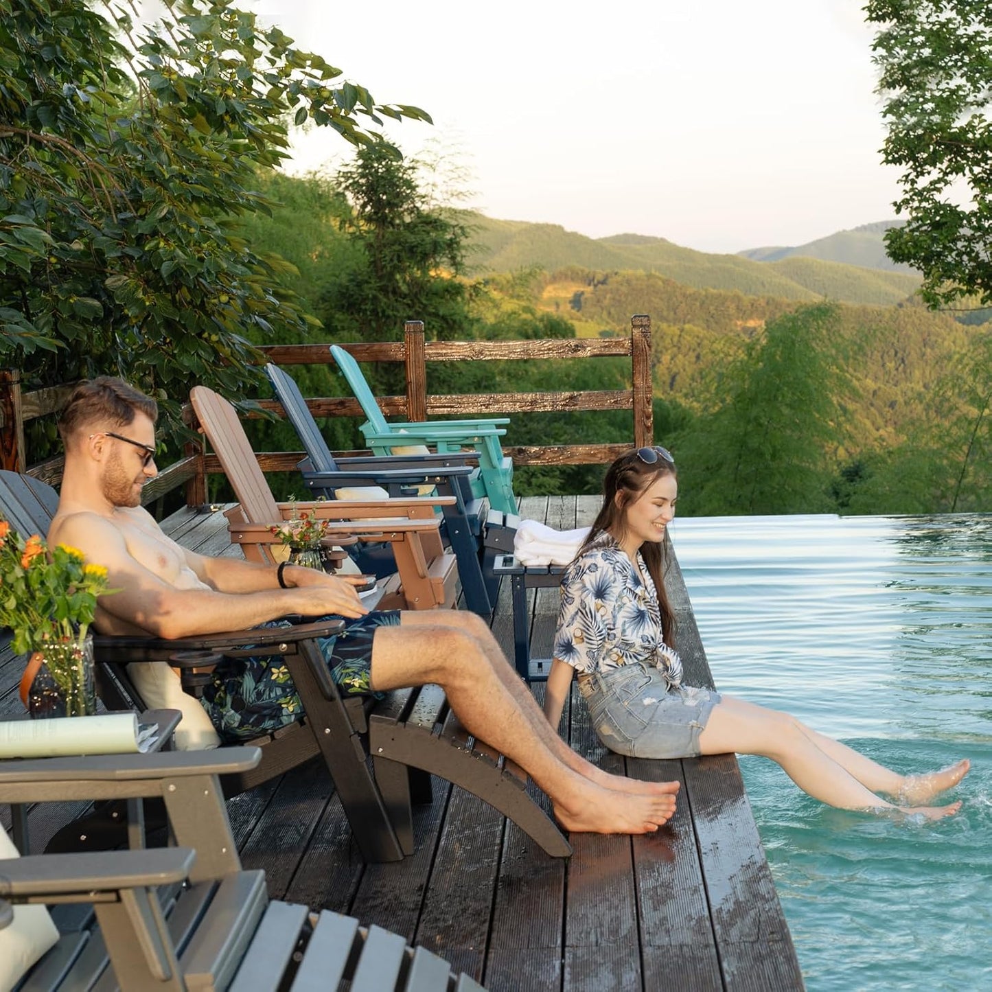 Folding Adirondack Chair - Extended Ergonomic Backrest, Cup Holder - Easy Assembly - Durable HDPE Plastic, Weather Resistant & Maintenance-Free - Lawn, Patio, Deck Supports 380lbs Teak