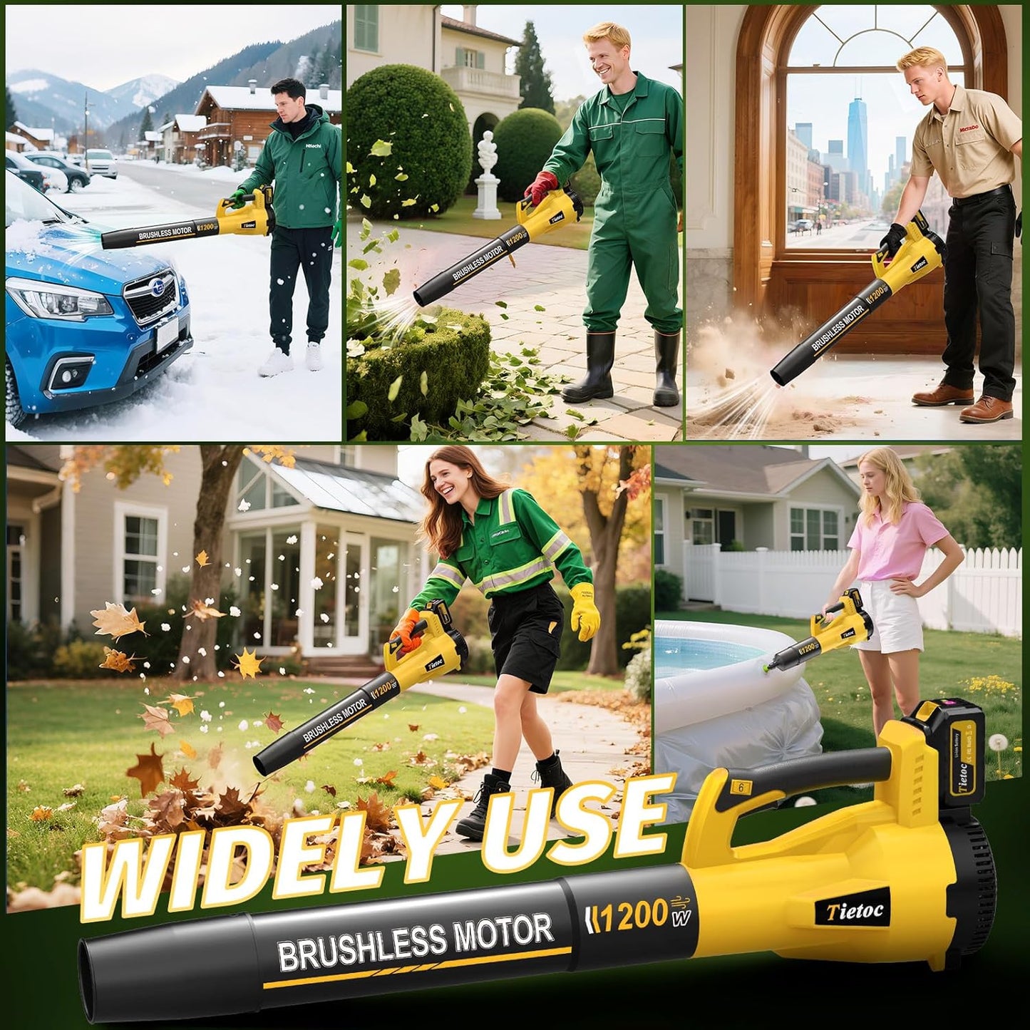 Tietoc Leaf Blower Cordless, 735CFM/200MPH Brushless Electric Leaf Blower with 2 X 5.0Ah Battery, 6 Speed Levels, 2 Extended Tube and Nozzles, Powerful Leaf Blowers for Garden, Lawn Care (Yellow)