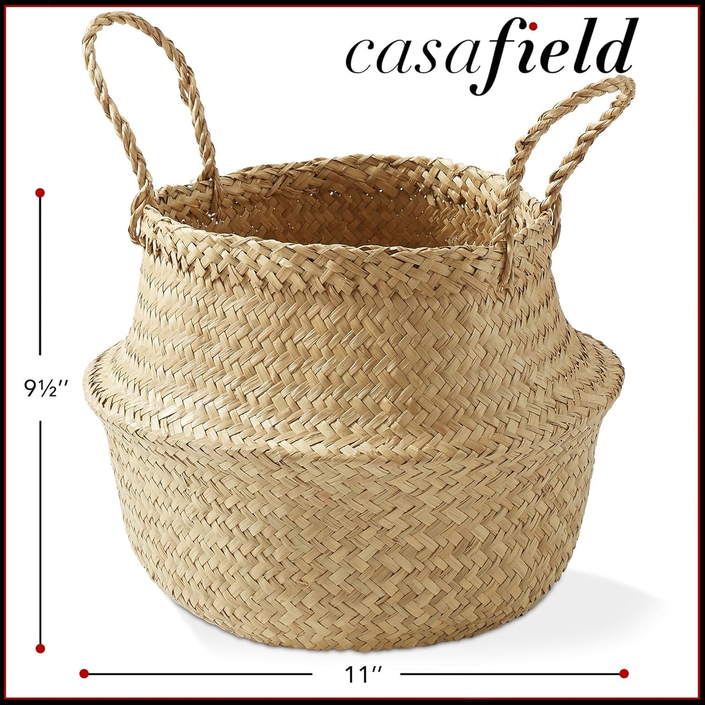 Casafield Seagrass Belly Storage Basket Planter with Handles - Medium, Natural Woven Wicker Indoor Plant Pot Cover for Plants and Trees
