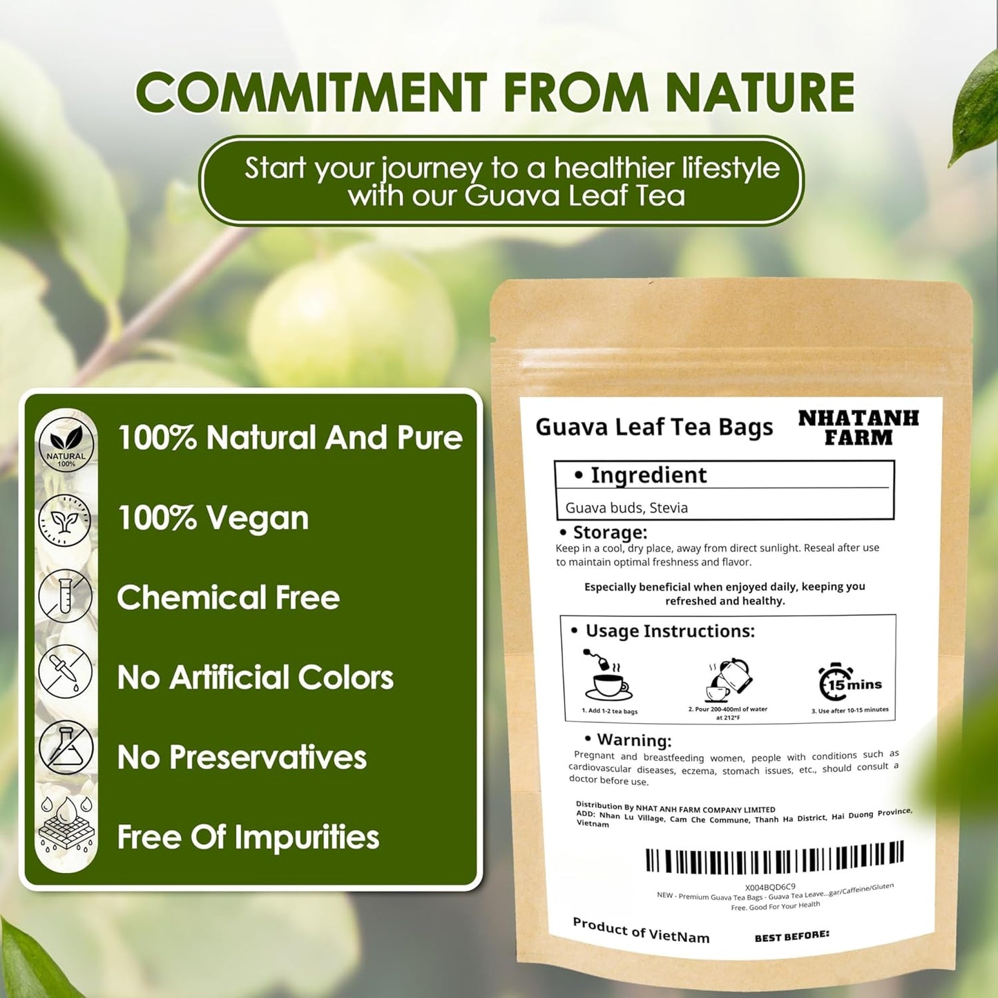 Nhat Anh Farm - Guava Leaf Tea Bags, 100 Teabags - Guava Dried Leaf Tea Bags 100% Natural And Pure , No Chemicals - Additives- Caffeine Free. Herbal Tea for Digestion, Good For Your Health. (Té De Hojas De Guayaba)