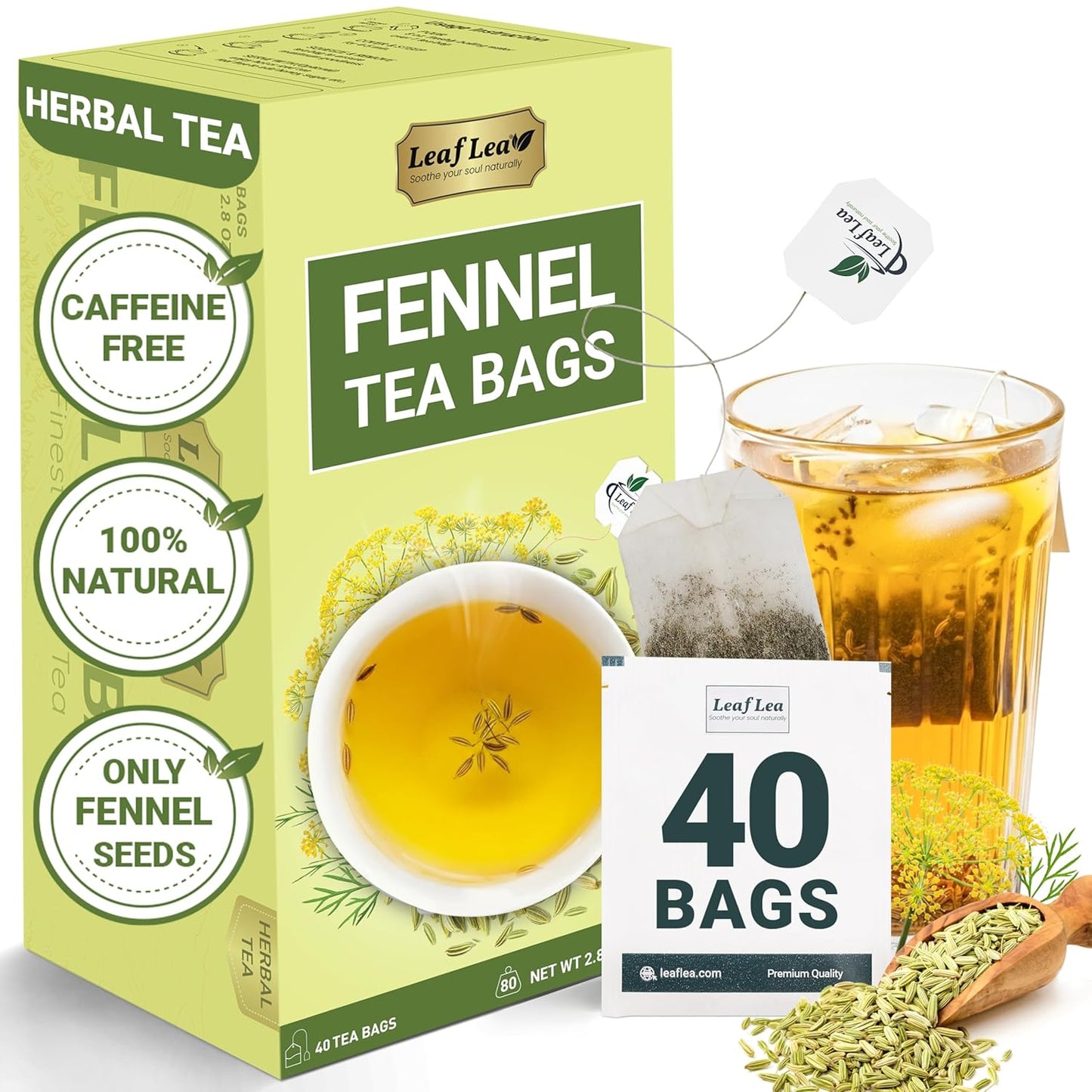 LeafLea 40 Fennel Tea Bags, 100% Natural & Pure Fennel Seed Tea, Gentle Digestion & Fresh Breath, Mild Sweet Finish, Caffeine-Free, Sugar-Free, Vegan, Non-GMO, Individually Wrapped