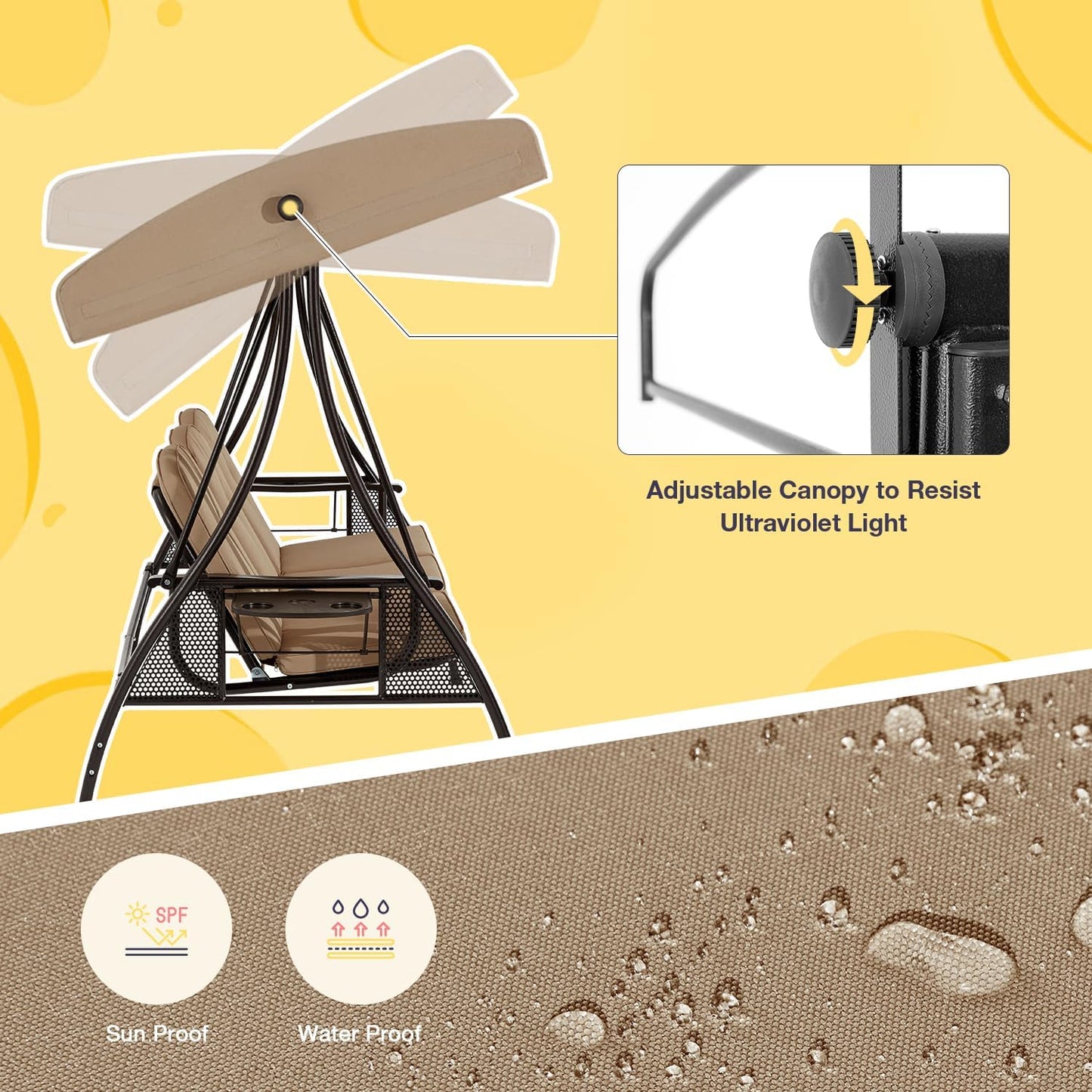 HOMREST 3 Person Outdoor Porch Swing with 1.5" Upgraded Cup Holder, Adjustable Canopy, Backrest, Patio Swing Bed with Weather Resistant Steel Frame, Cushions for Garden,Deck and Poolside(Brown)