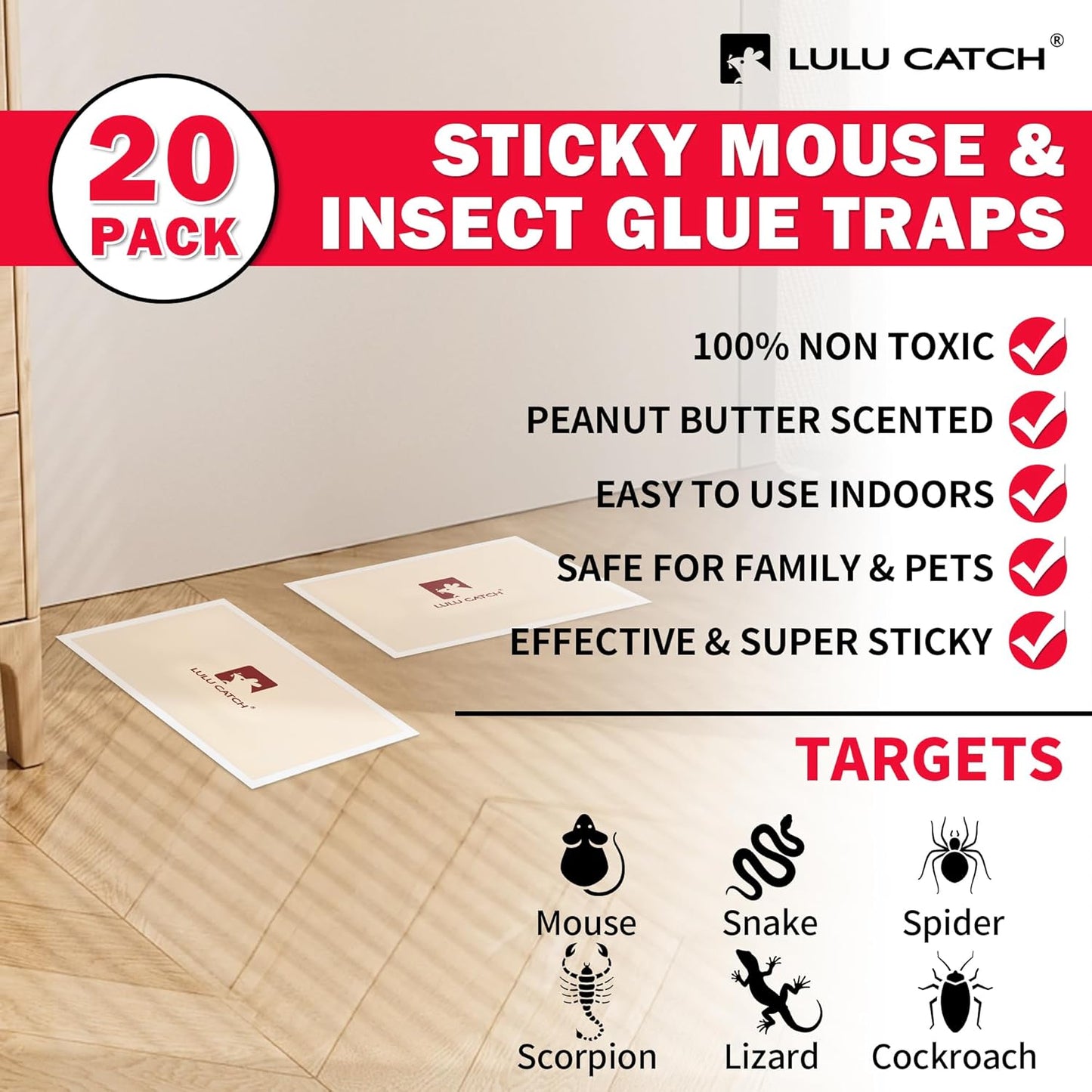 LULUCATCH Mouse Traps, 20 Pack Pre-Baited Sticky Mouse Traps Indoor for Home, Non-Toxic Bulk Sticky Pads, Glue Traps for Rats, Bugs, Spider, Mice, Cockroach, Pet Safe Pest Control