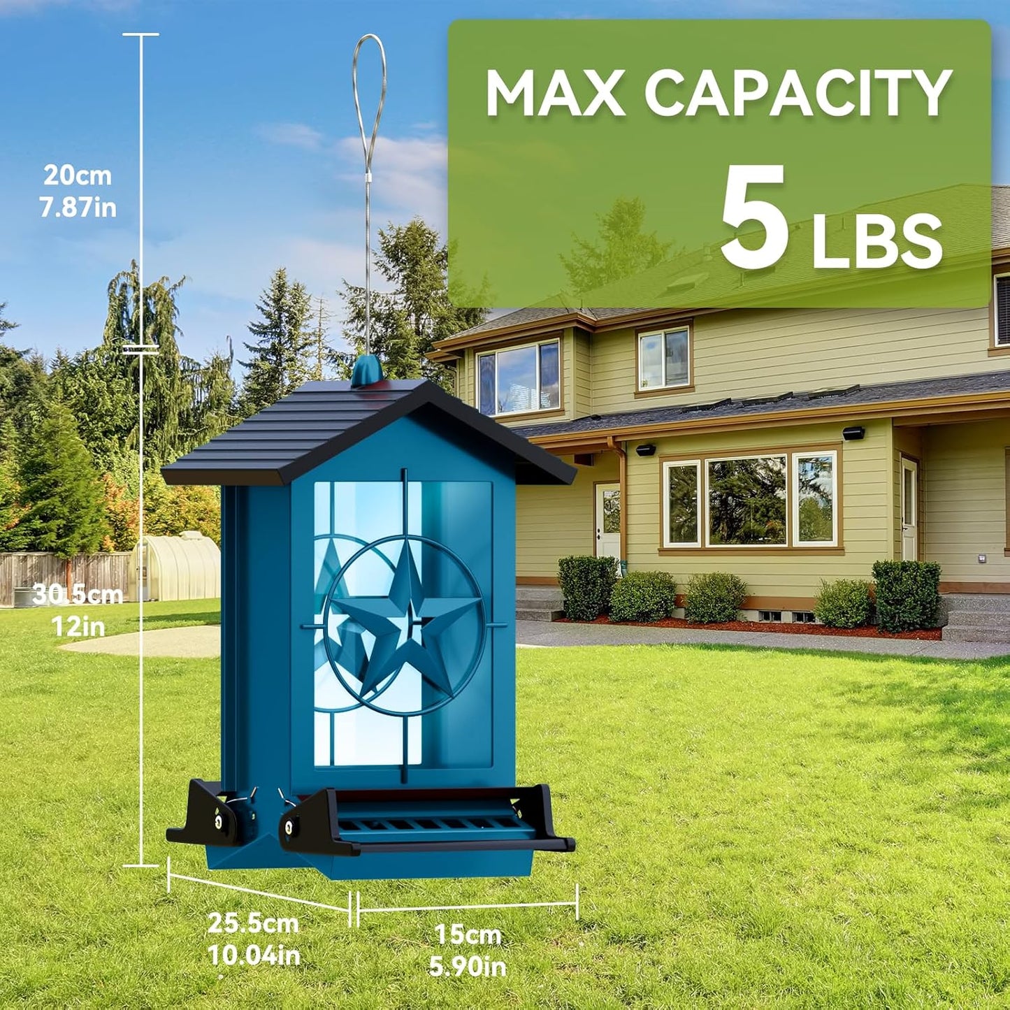 Squirrel Proof Bird Feeder for Outdoors Hanging, Metal Wild Bird Seed Feeder with Bilateral Weight-Activated Perches, 5LB Large Capacity Wild Bird Feeders for Outside Finch, Cardinal, Blue Jay