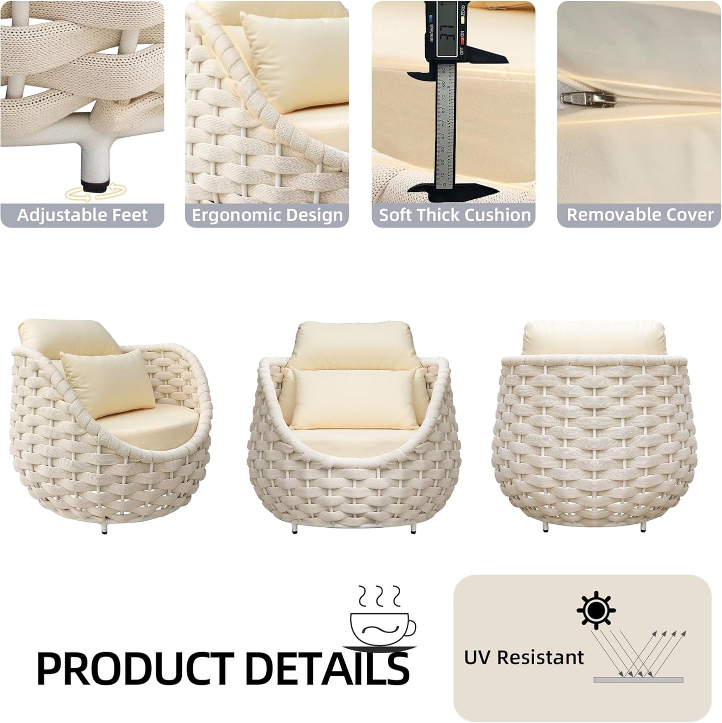 TWT 5-Piece Aluminum Patio Furniture Set, Olefin Armchairs with Coffee Table, Metal Sofa Set for Deck, Porch, Balcony, Indoor, Cream