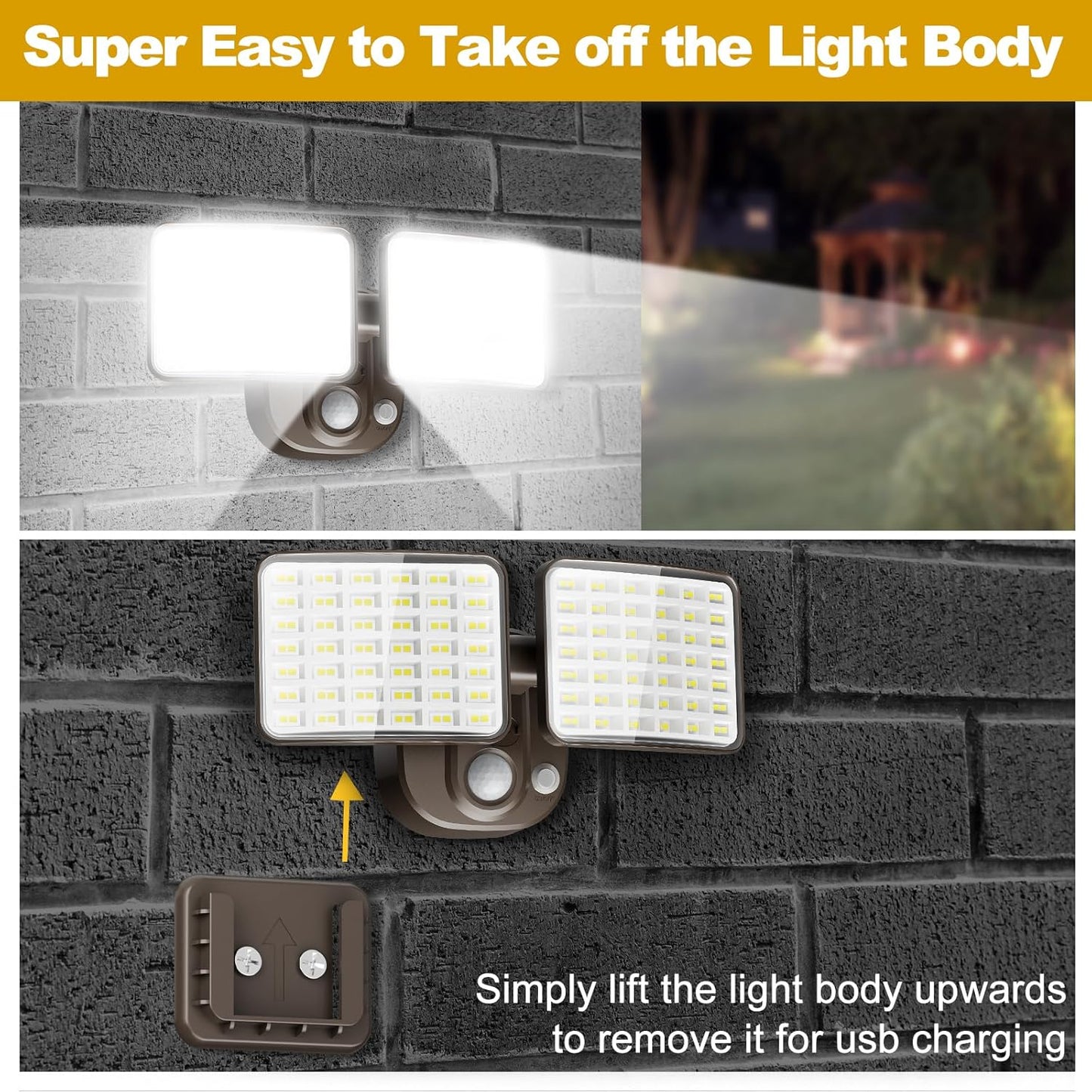 Rechargeable Battery-Powered Motion Light (1-3 Months Endurance), 2500LM Standard & 4000LM High-Brightness Dual Modes, USB Charging Outdoor LED Flood Light for Garage,Yard,Patio,Garden (Brown) 2 Packs