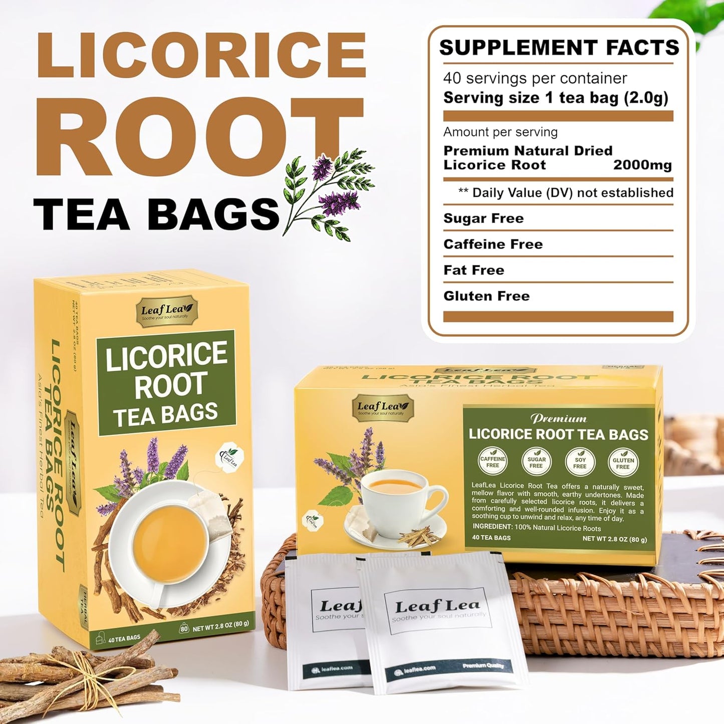 LeafLea 40 Premium Licorice Root Tea Bags, 100% Pure Licorice Spice Tea, Herbal Infusion to Digestive Comfort & Promote Respiratory Health, Te De Regaliz, Caffeine-Free, Sugar-Free, Soothing Flavor