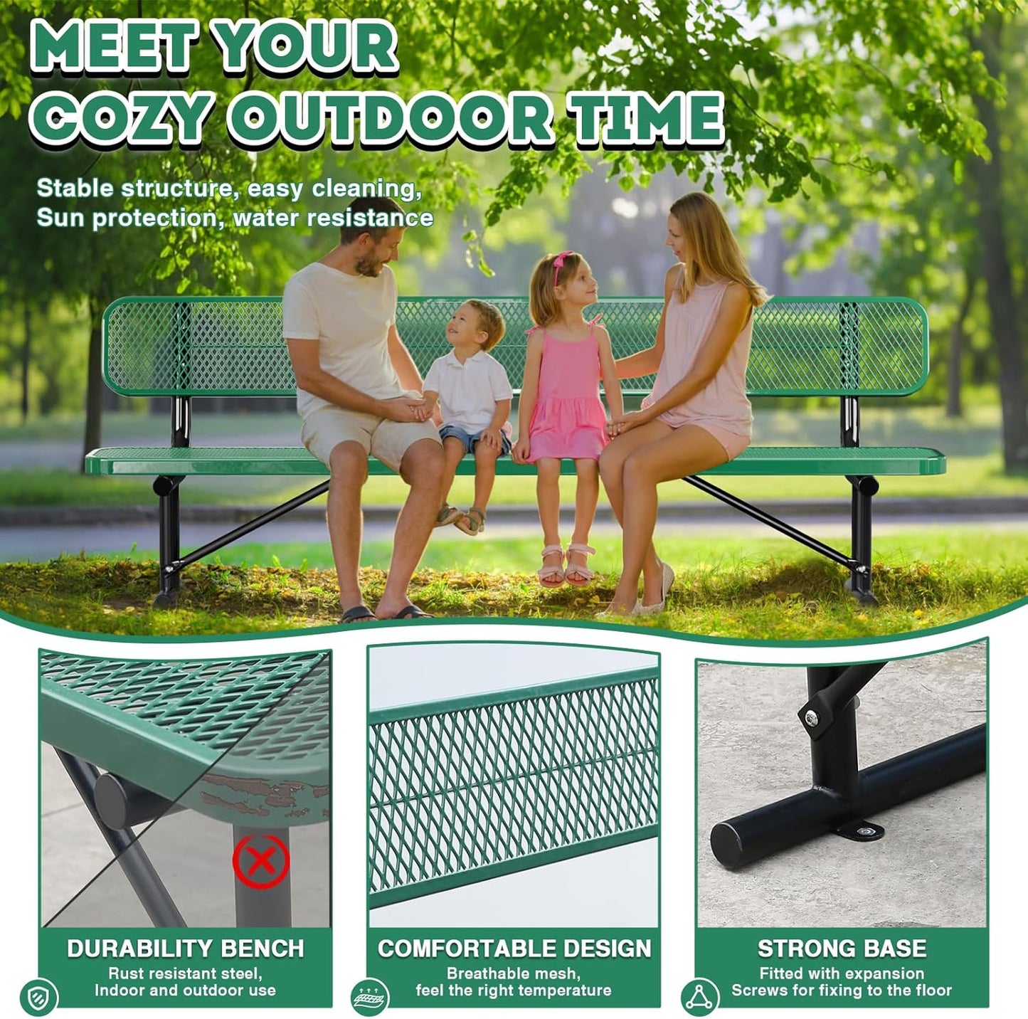 Heavy Duty Park Bench for Outside, Metal Park Bench with Back Portable Frame, Outdoor Steel Mesh Garden Bench with Backrest for Garden, Lawn, Patio, Porch, Park, Yard (Green, 8FT/95INCH)