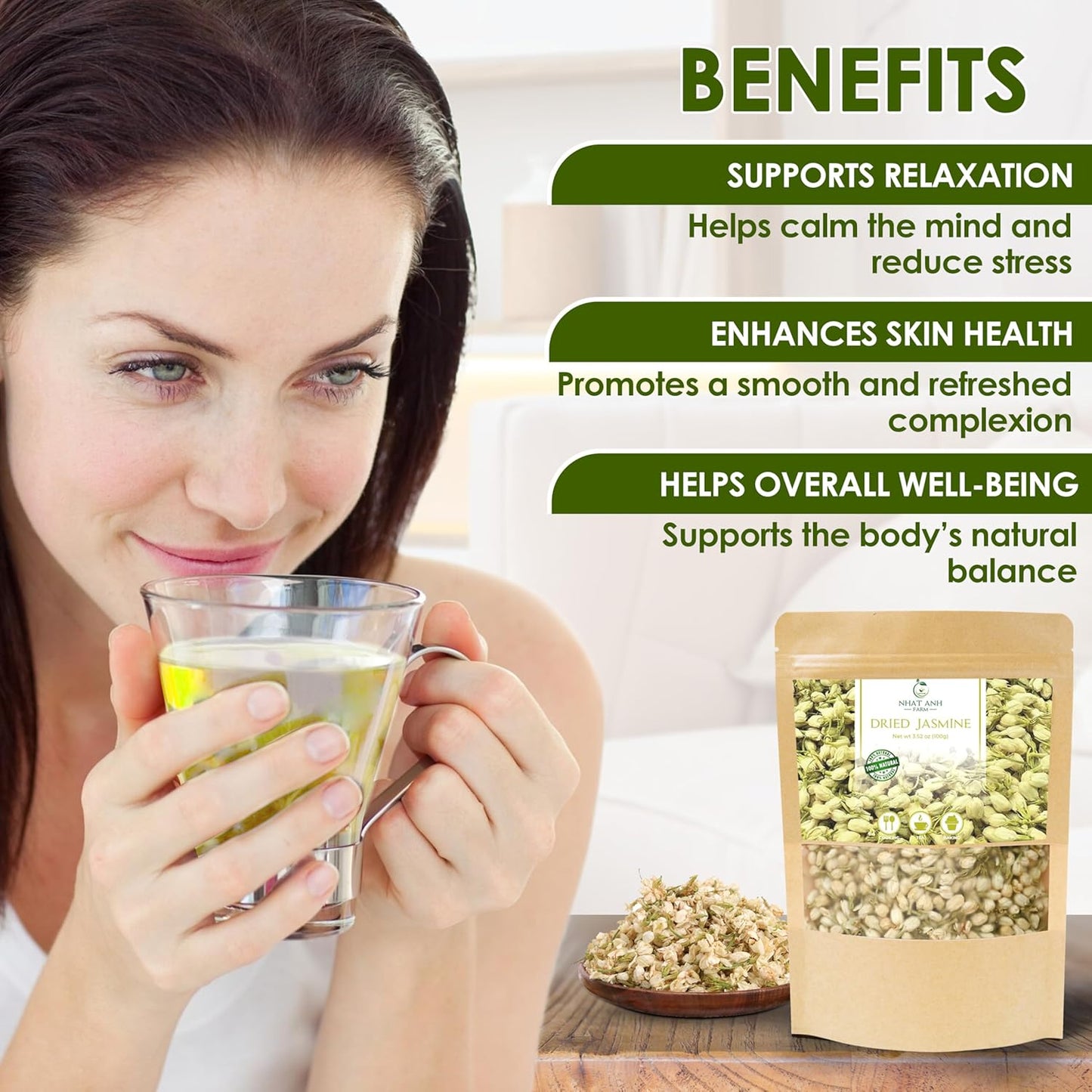 Nhat Anh Farm - Dried Jasmine Flowers - Pure Jasmine Buds 3.5oz(100g) Natural & Pure - Dried Jasmine Flowers Sugar/Caffeine/Gluten Free. Making Tea, Baking