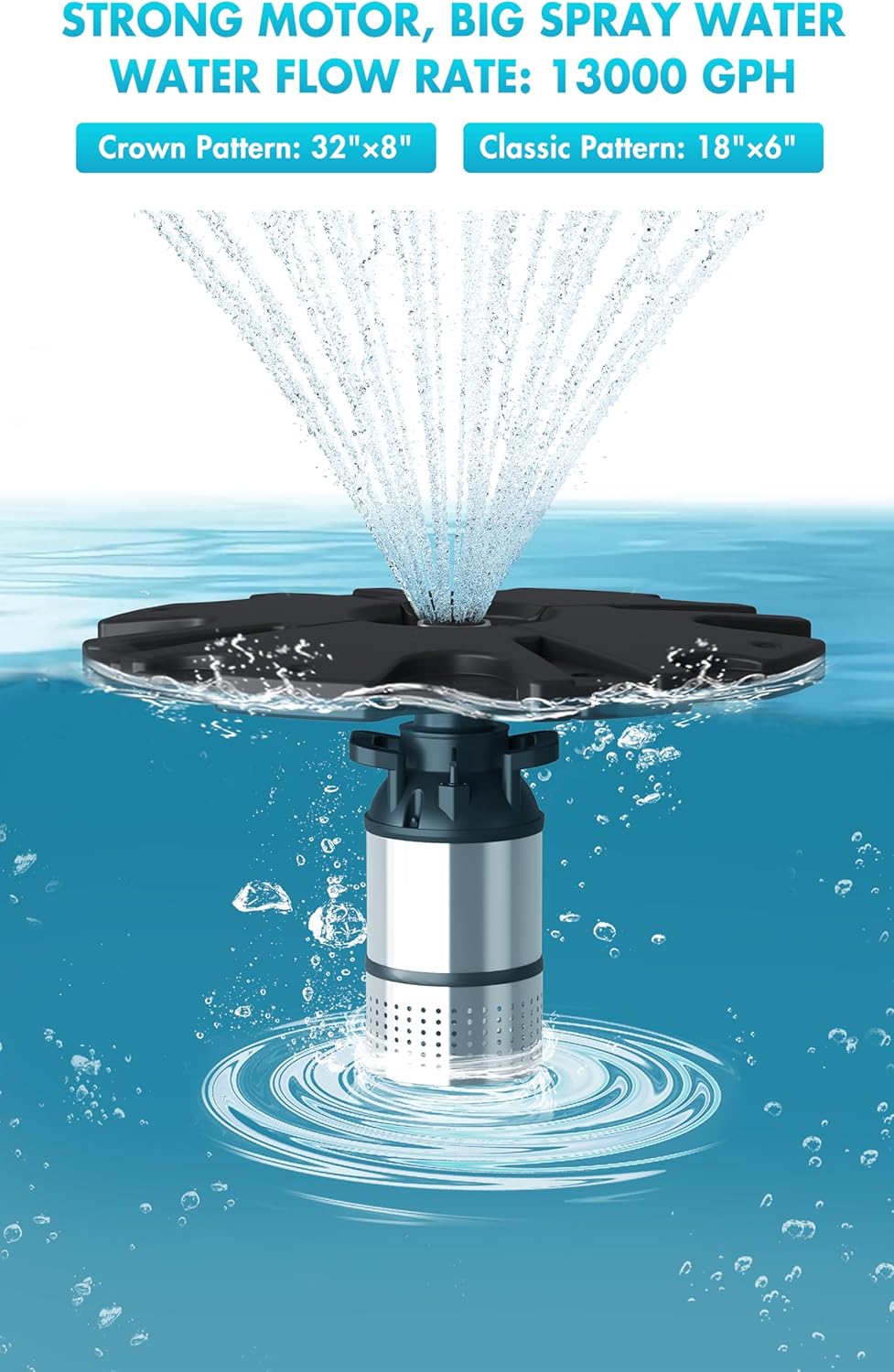 HQUA FS01 120V, 1/2HP, Large Pond Floating Fountain with FSL01 LED RGB Color-Changing Light Sets, 100’ cord, 13000 GPH, Two spray patterns 32'x12' and 18'x6'