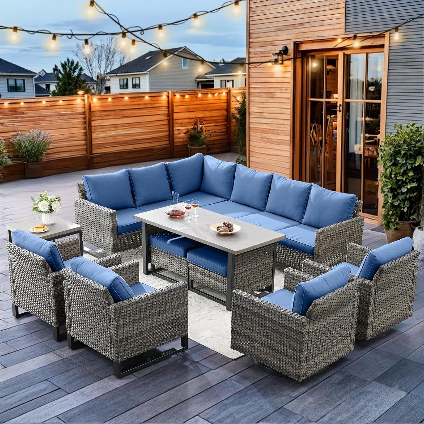 HUMMUH Patio Furniture 10 Piece PE Wicker 6-Seater Outdoor Sectional Sofa Patio Swivel Chairs Outdoor Chairs with Tables for Porch,Garden,Backyard,Deck