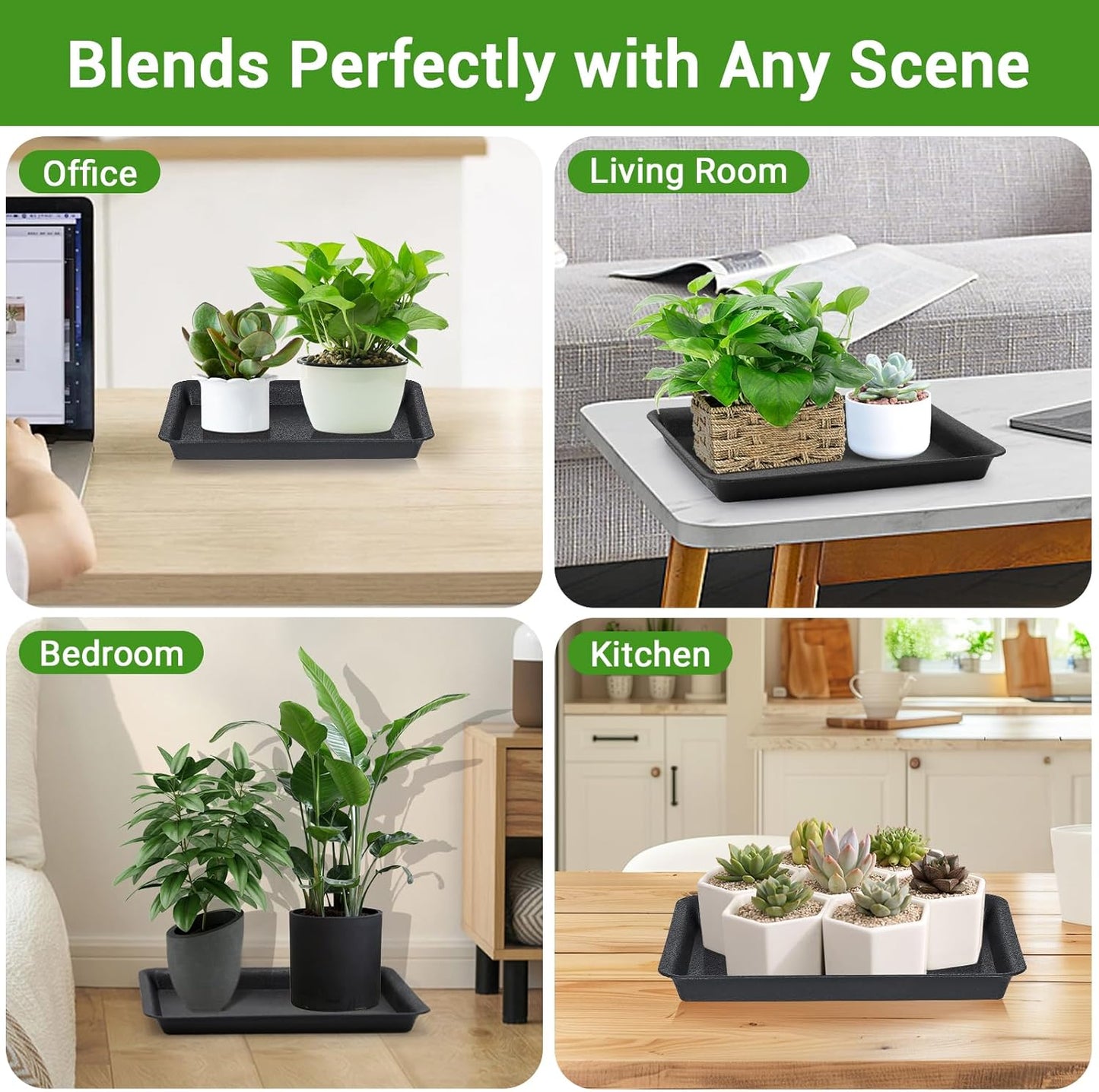 GREANER 11 Inch Rectangular Plant Tray, 6 Packs Pant Pot Trays, Indoor Plant Trays for Pots, Plant Drip Tray Outdoors, Heavy Duty Square Boot Tray for Window Sills and Window Shelf