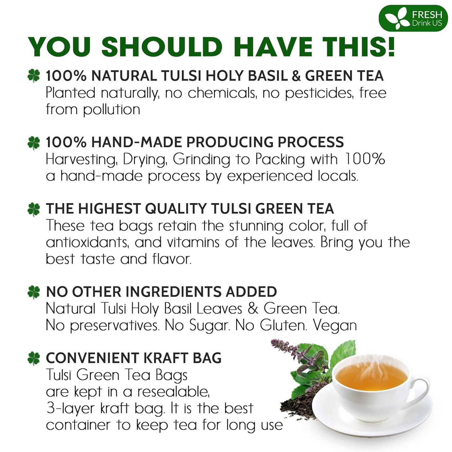 FreshDrinkUS, Premium 75 Tulsi Green Tea Bags, 100% Natural, Blend of Tulsi Holy Basil Leaves, and Green Tea Leaves. Made with Natural Material Tea Bags. No Sugar, Vegan.