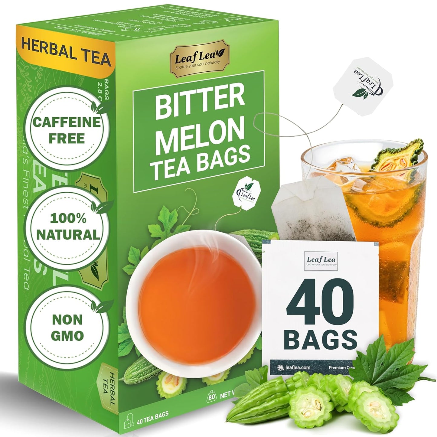 LeafLea Natural Bitter Melon Tea Bags, 40 Cundeamor Herbal Tea Bags – Melon Amargo Gohyah Fruit Tea | Wellness & Digestion Support | Caffeine-Free, Non-GMO, Sugar-Free, Vegan