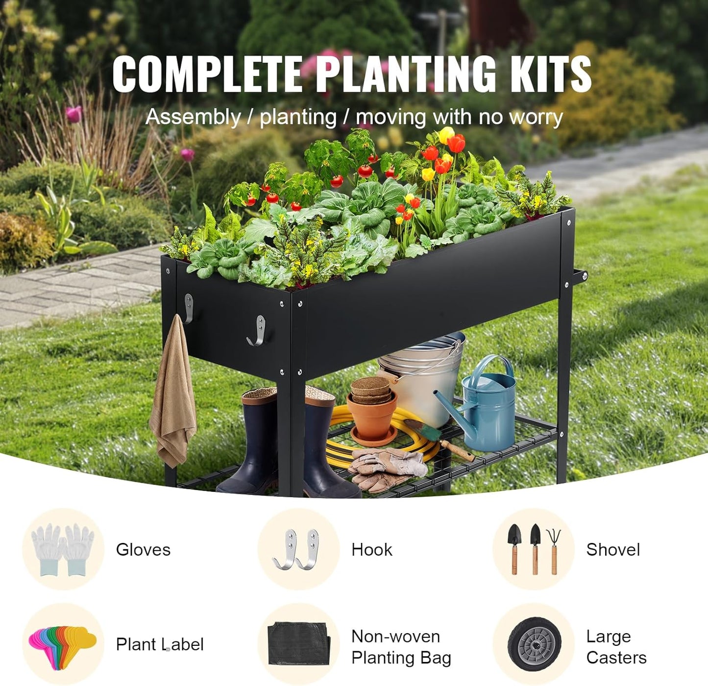 VEVOR Raised Planter Box with Legs and Wheels, Larger Size 43.3x19.5x31.5 Outdoor Elevated Garden Bed On Wheel, Metal Planting Boxes for Growing Flowers/Vegetables/Herbs in Backyard/Garden/Balcony