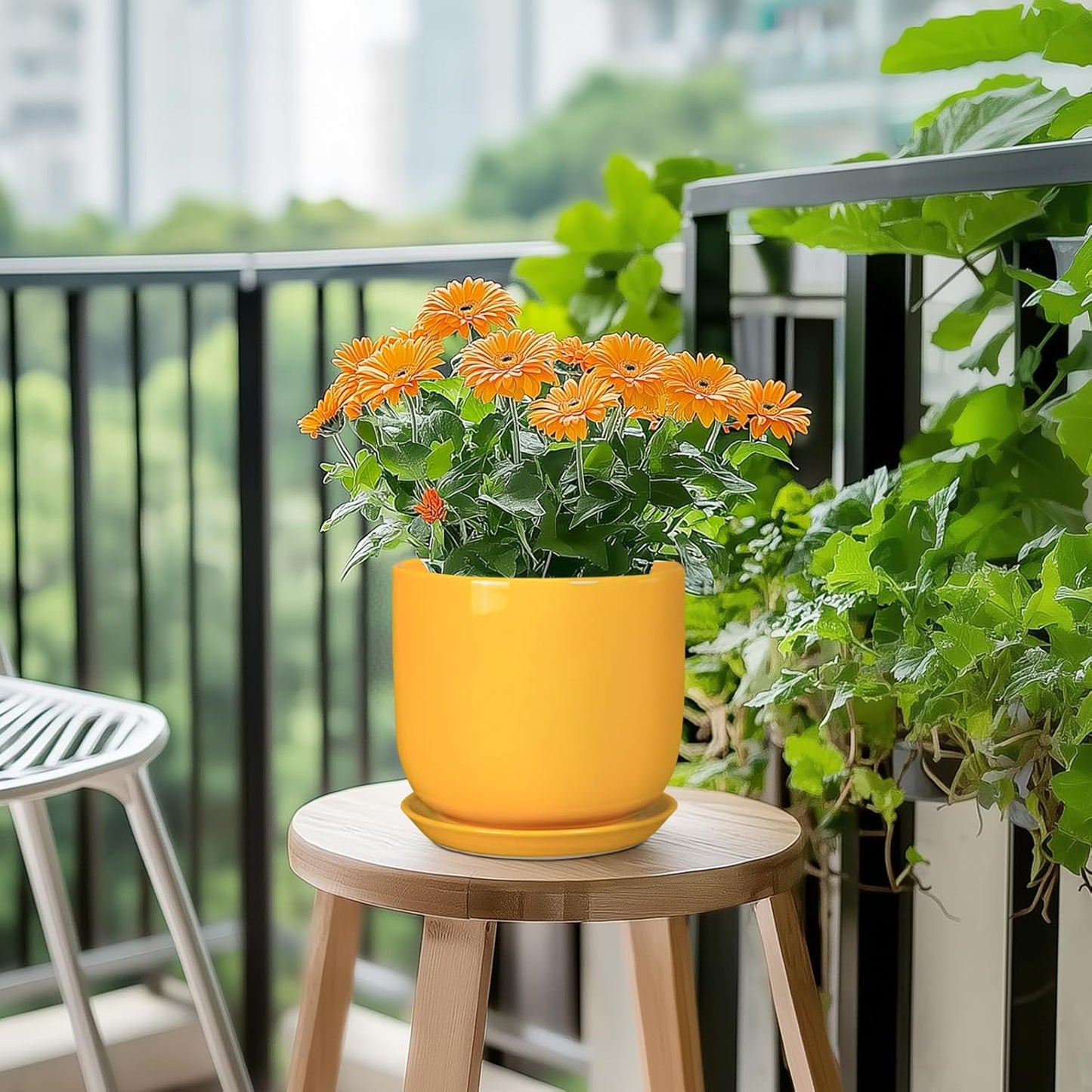 Indoor Plant Pot - 7 Inch Modern Round Ceramic Planter for Indoor Outdoor Plants with Drainage Hole and Saucer, Home Garden Office House Decor, Yellow
