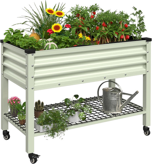 MUPATER 47.8" L x 23.5" W x 33.5" H Galvanized Steel Raised Garden Bed, 507lbs Capacity Large Metal Elevated Raised Planter Box with Rolling Casters & Extra Bottom Shelf for Patio, Balcony, Beige