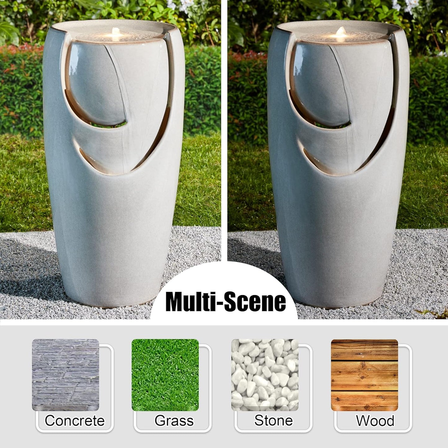 Glitzhome 29.25" H Oversized Ceramic Vase Outdoor Water Fountain Tall Patio Garden Water Fountain with LED Light and Submersible Pump Yard Art Decor, Sand Beige