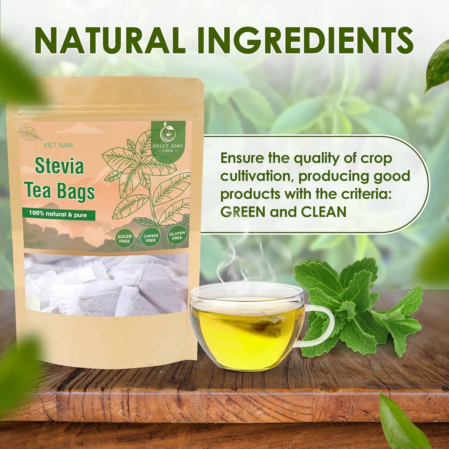 NHAT ANH FARM - Premium Stevia Tea Bags, 100 Stevia Tea Bags, 100% Natural Dried Leaves, Naturally Sweet Herbal Tea, Sugar-Free, Caffeine-Free, No Additives.