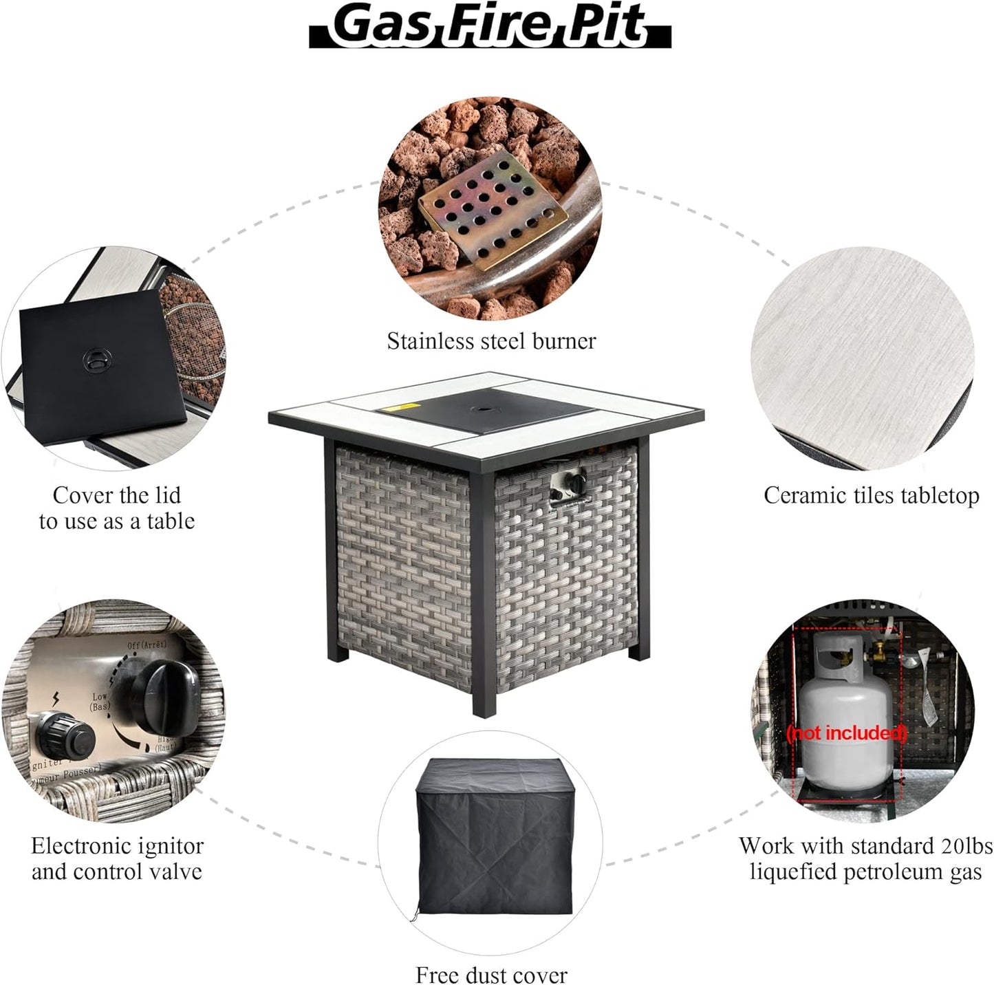 HOOOWOOO Modular Patio Outdoor Sectional Furniture Set with Gas Propane Fire Pit Table,7 Piece Wicker Conversation Sofa Set,Out Door Couch Set with Wide Arm Outside(Black)