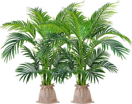 Worth Garden 4ft Artificial Areca Palm Plant 2 Packs in Pot, Fake Cane Palm Silk Tree Indoor Outdoor, Dypsis Lutescens, 47in Lifelike Faux Silk Plant Home Decor, Two Linen Bags Included