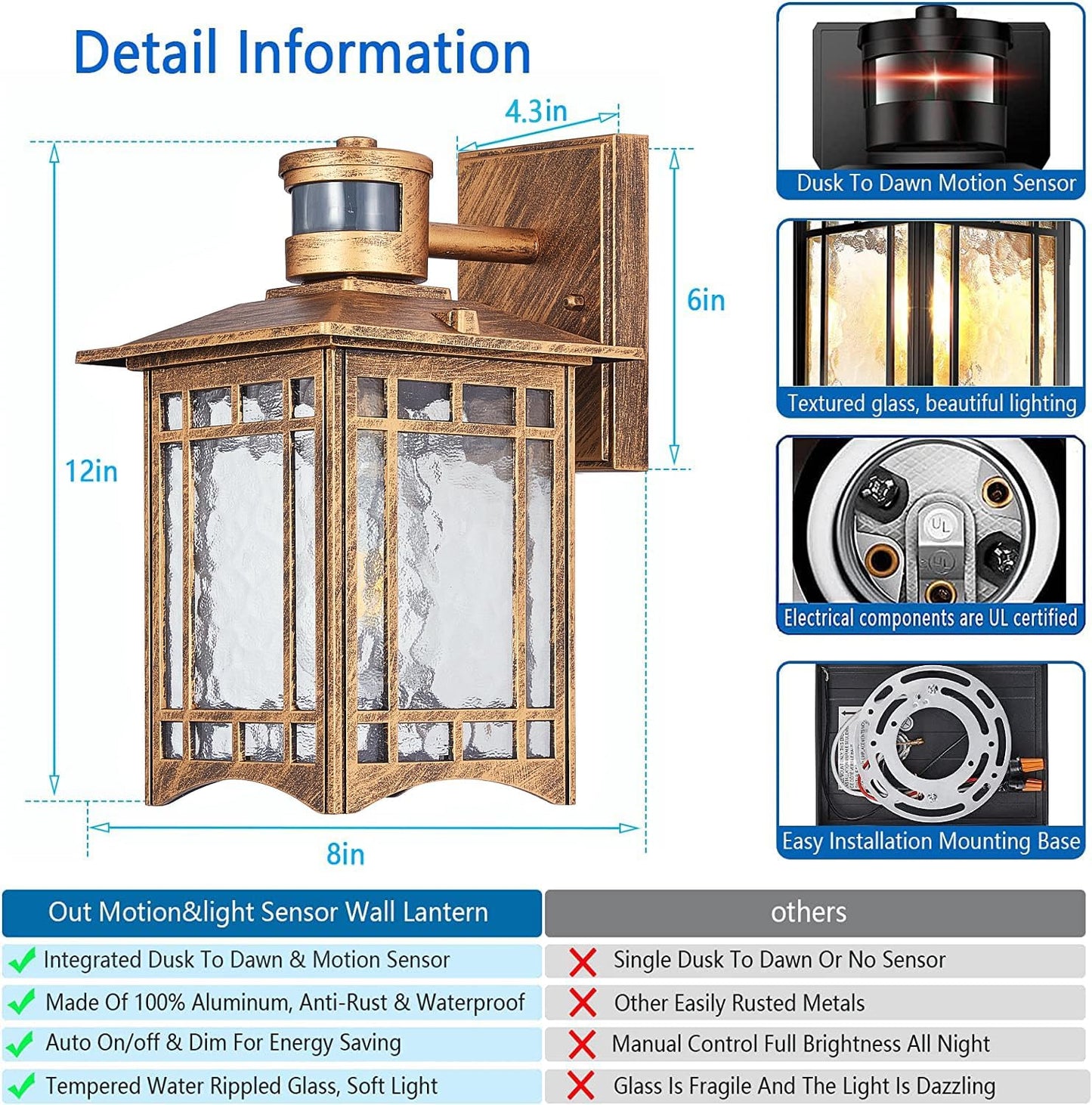 Brown Motion Sensor Outdoor Lights Wall Mount - Dusk to Dawn Exterior Light Fixture for Outside House Porch Patio Garage - Waterproof Lantern with Yard Front Motion Detector