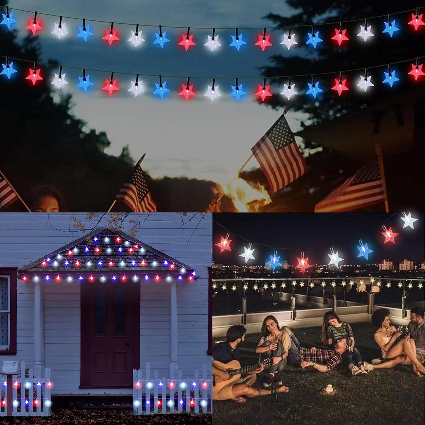 4th of July Twinkle Solar Star String Lights Decorations Outdoor Waterproof Fairy Lights 39FT Red White and Blue 100 LED with 8 Lighting Modes for Independence Day President Day Memorial Day