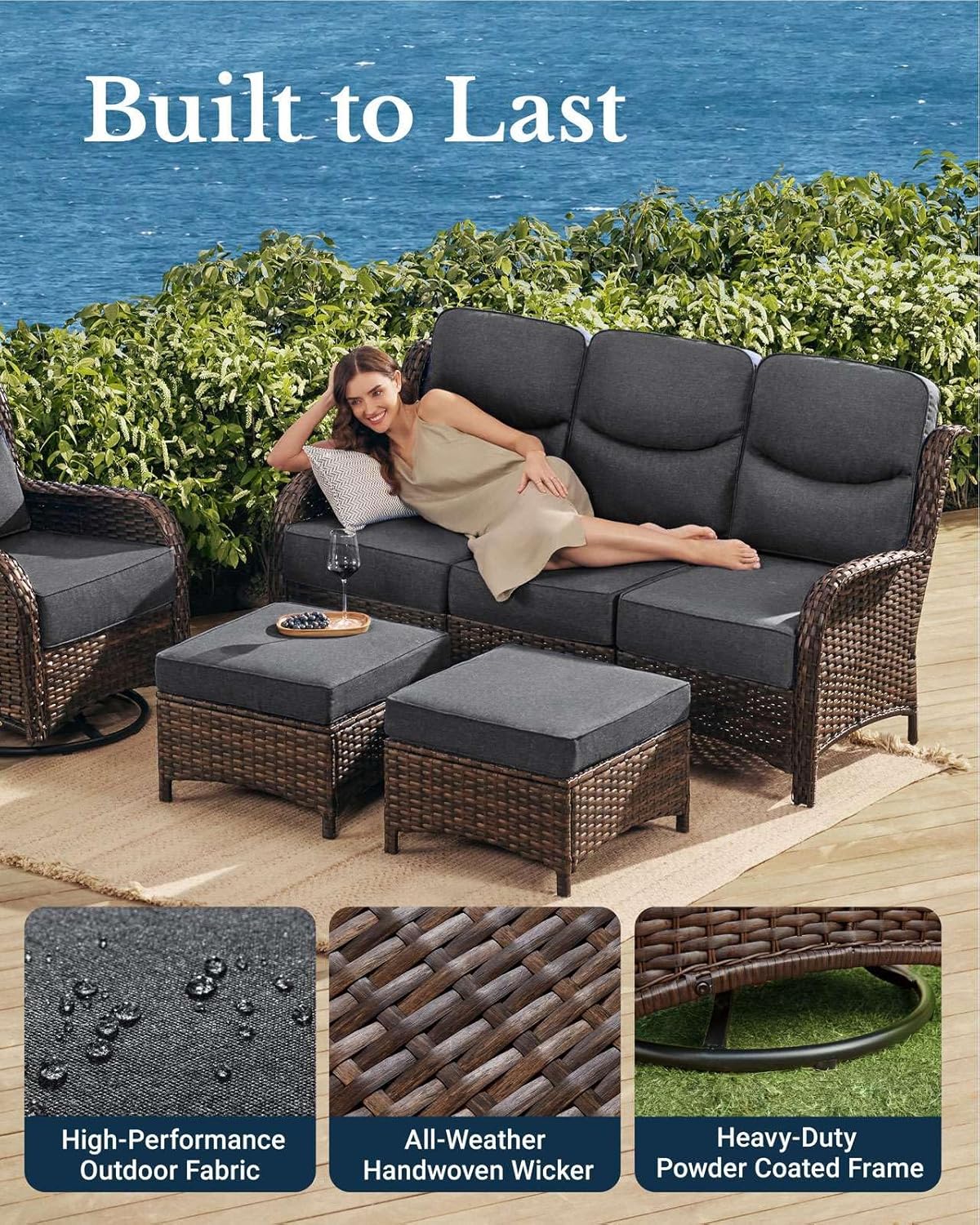 HILLGA Luxury Patio Furniture Set with 6-inch Thick Cushion, Outdoor Couch and High Back Swivel Rocker Patio Chairs, 8PCS Wicker Conversation Set for Deck Yard and Poolside, Dark Grey (V2)
