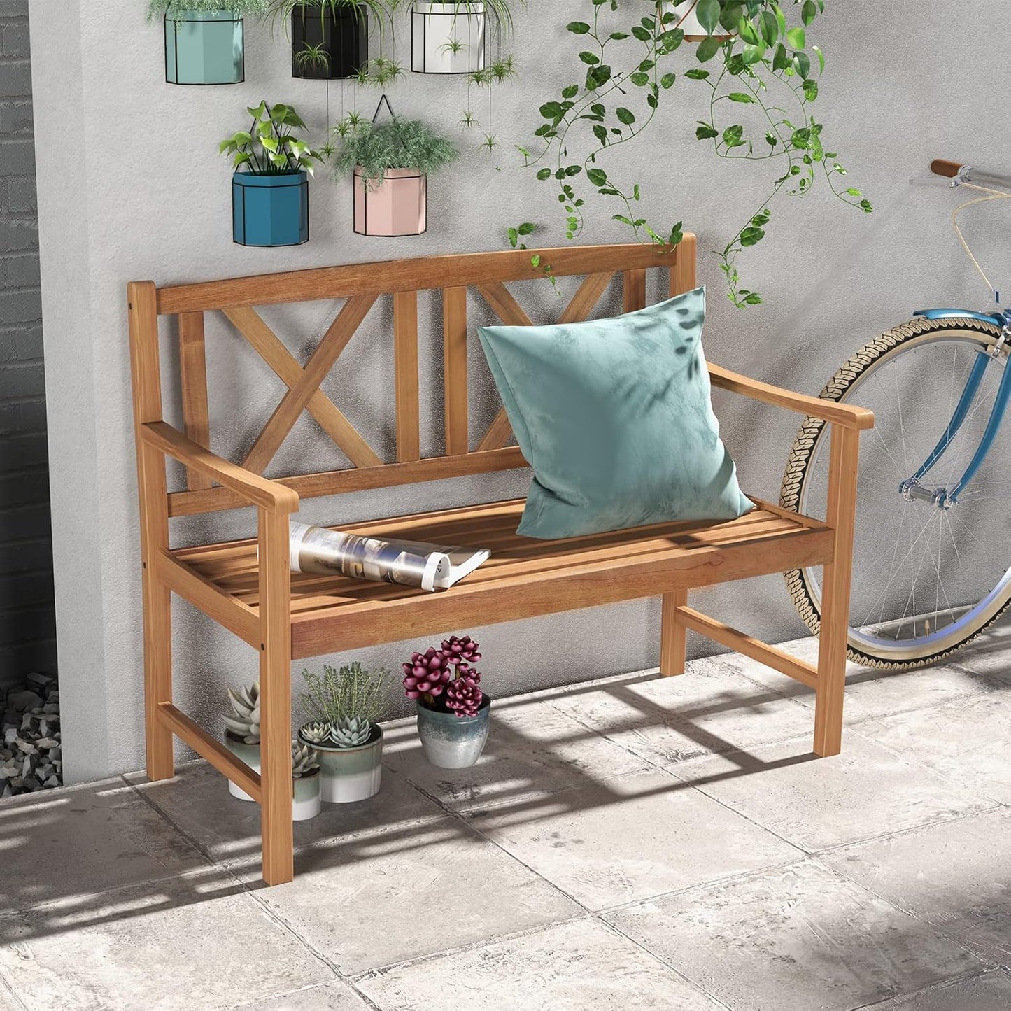 Giantex Patio Garden Bench Loveseat - 2-Person Acacia Wood Bench with Armrest, Backrest, Sturdy Frame, 800lbs Capacity, Outside Park Bench for Patio, Yard, Front Porch, Outdoor Garden Bench, Natural