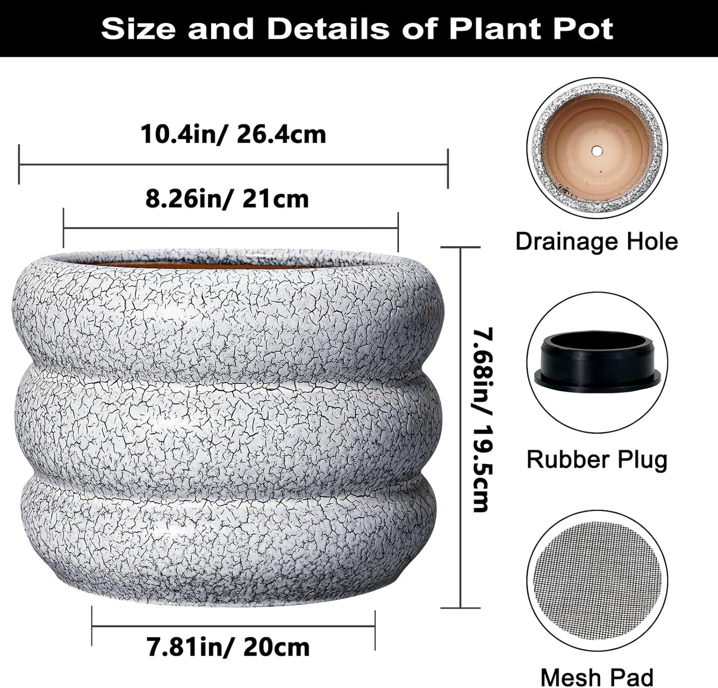 SQOWL Ceramic Planter - 10 Inch Ceramic Plant Pot Indoor, Round Planter with Drainage Hole, Modern Flower Pots Outdoor, Home Living Room Garden Decor, Gardening Gifts, Black and White