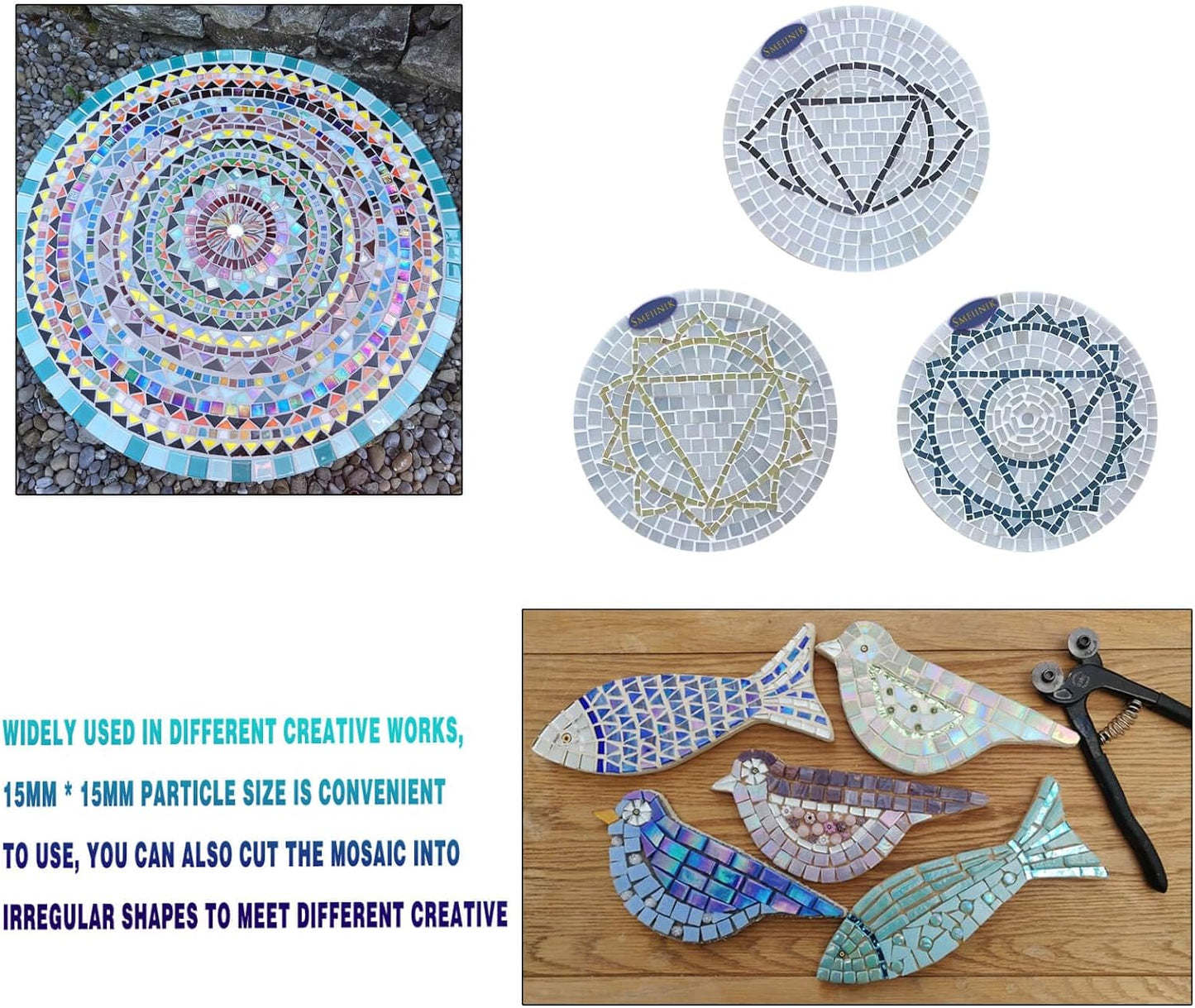 SMEIINIK 1.1lb/500g Square Mosaic Tiles for Crafts Bulk,Glass Tiles for Art Mosaic Projects, Iridescent Stained Glass Pieces for Mosaic Works (CWJ902-11)