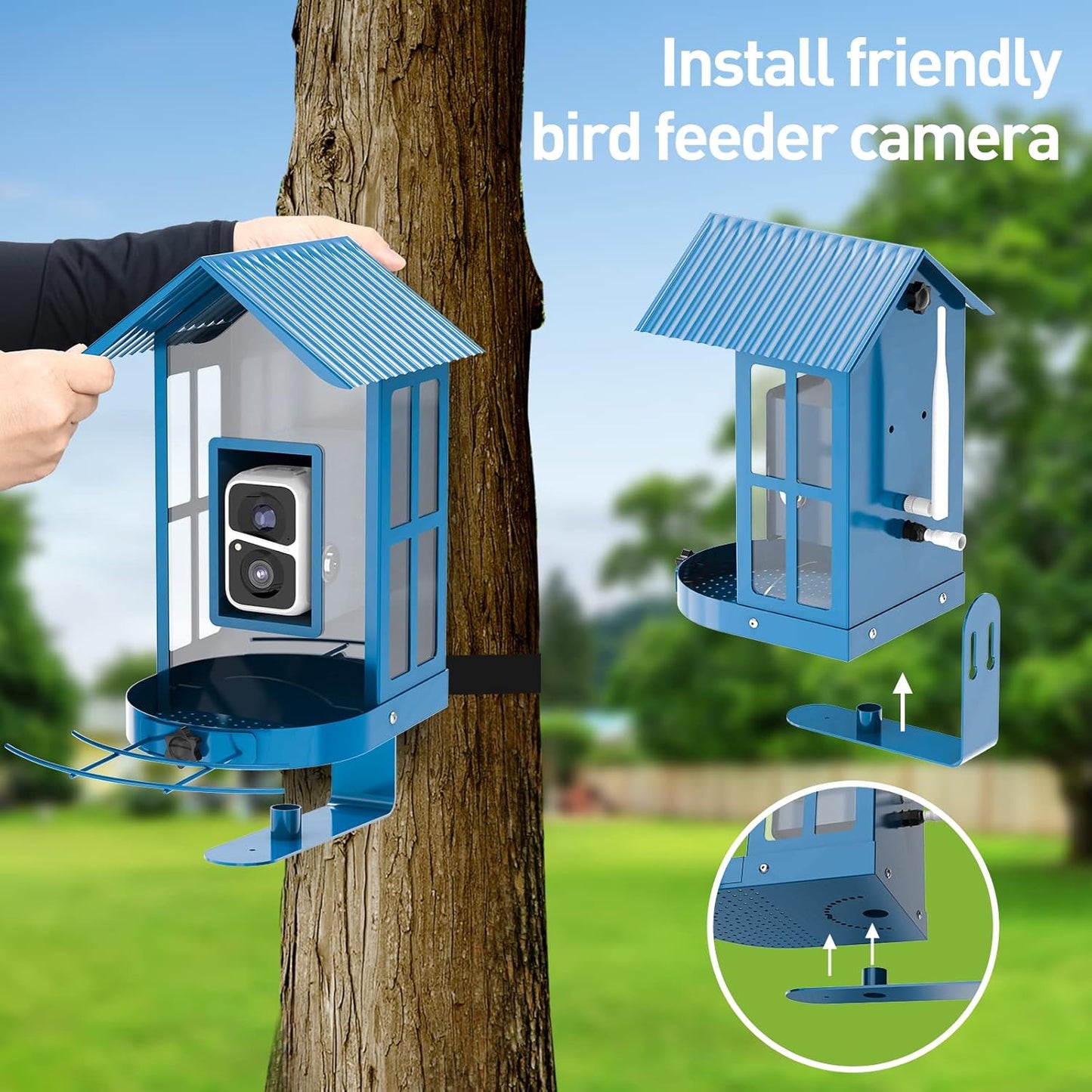 Bird Feeder with Camera with AI Identify Species, Wild Bird Watching, 2K Live View, Instant Arrival Alerts with 5W Solar Powered-Soliom BF08 Metal Blue