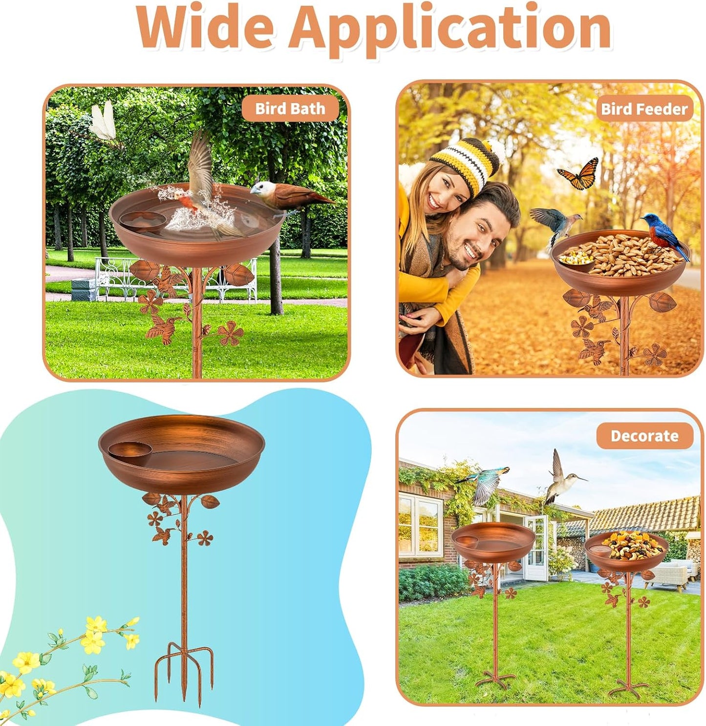 Metal Bird Bath for Outdoors Garden Birdbath Bowl, 39.6" Height Bird Feeders for Outside with 5 Prongs Base Stake, Standing Birdfeeders for Yard Lawn Decor (B)