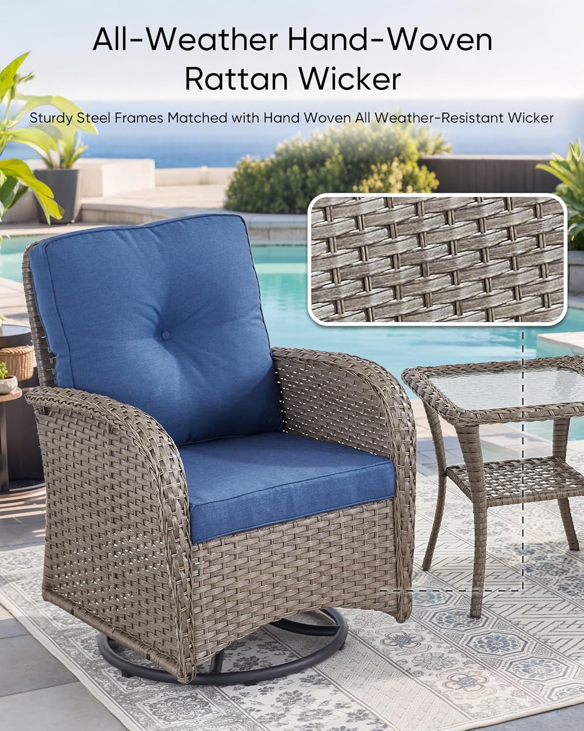 HUMMUH 3 Piece Outdoor Rocking Chairs Bistro Set-All Weather Wicker Outdoor Swivel Chairs Set of 2 with Side Table Small Patio Furniture Set for Deck Lawn Porch Balcony Poolside-Grey/Blue