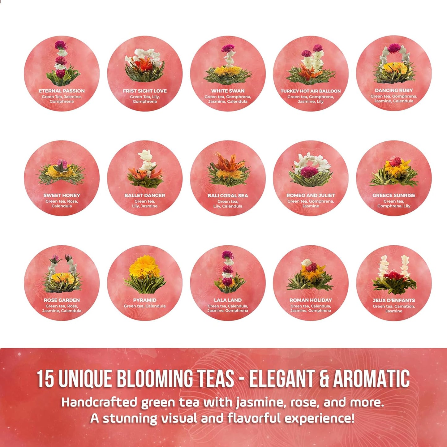 FreshDrinkUS, Premium 15 Flowering Tea Balls – Green Tea, Lily, Jasmine, Rose, Gomphrena & More – Beautiful Hand-Tied Blooming Teas for Relaxation & Wellness – Caffeine-Free. Ideal Gift for Tea Lovers