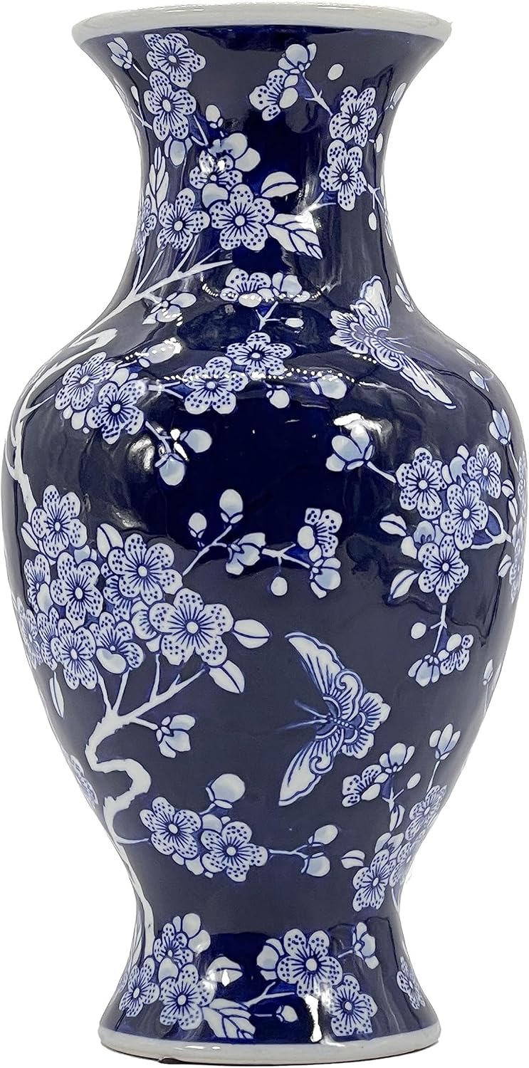 Galt International Dark Blue Floral Chinoiserie Ceramic Vase 14"- Hand Painted Antique Style Porcelain Butterfly & Flower Bottle Fishtail Porcelain Chinese Vase for Home Decor Centerpiece
