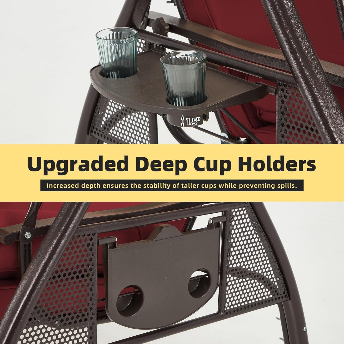 HOMREST 3 Person Outdoor Porch Swing with 1.5" Upgraded Cup Holder, Adjustable Canopy, Backrest, Patio Swing Bed with Weather Resistant Steel Frame, Cushions for Garden,Deck and Poolside(Wine Red)